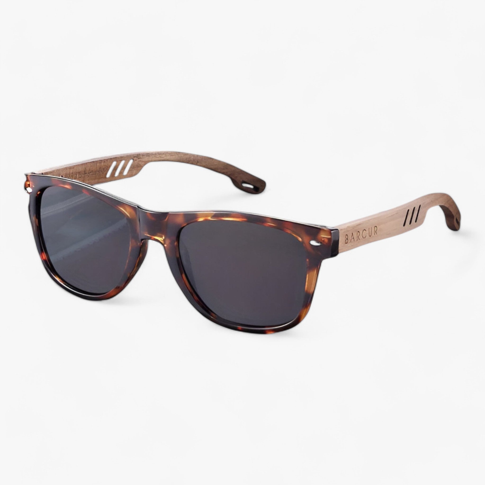 Sunglasses : Barcur, Klassieke Coole Houten Tempels Zonnebril, UV400 Gepolariseerde Zonnebril - Glanzend Zwart in Luipaard grijs van Pantino