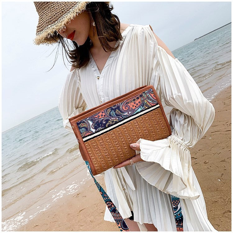 bags : Strandtas Khaki - Retro Etnische Wind - SeaSide Chic in Bruin 28X18X6cm van Pantino