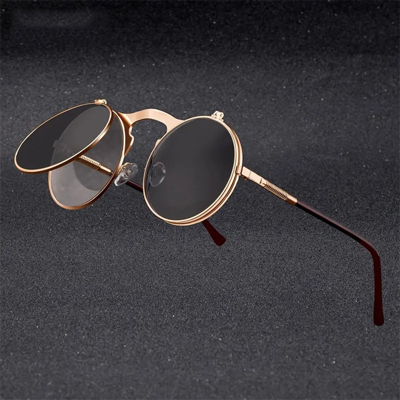 Sunglasses : Vintage Steampunk Opklapbare Zonnebril, Retro Ronde Metalen Frame Zonnebril Dames - Zwart Grijs in van Pantino