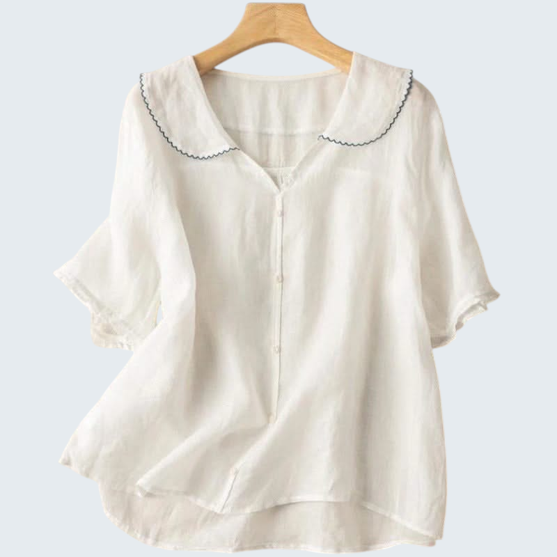 : Linnen Blouse Dames - Luchtig, Relaxte Pasvorm met Geschulpte Kraag in Wit van Pantinoshop