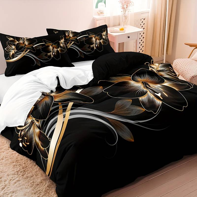 home & garden : Luxe Layers - Zwart & Gouden Bloem Gedrukte Dekbedovertrek Beddengoed Set in van Pantino