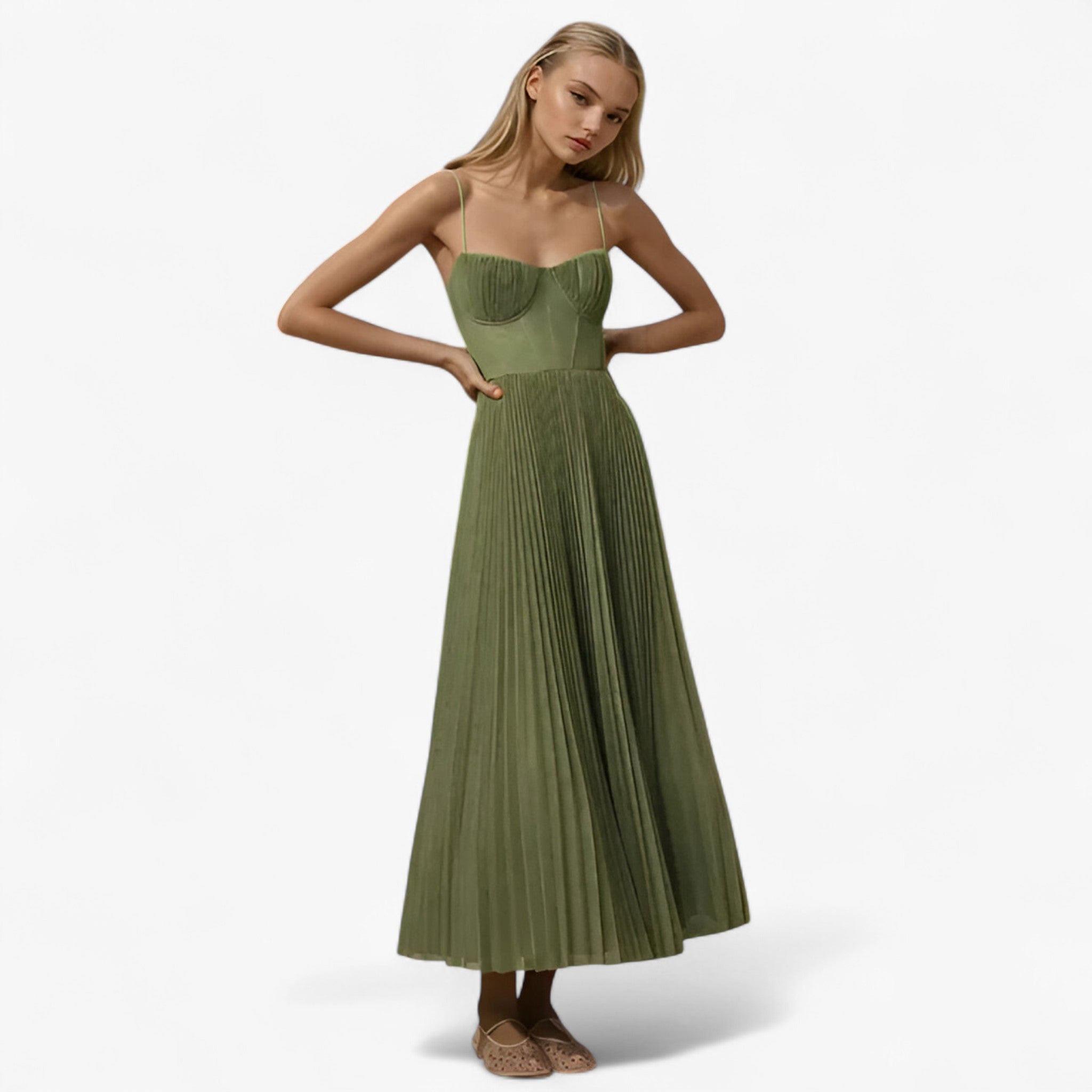 Dresses : Dames Maxi Plissé Jurk in olijfgroen van Pantinoshop