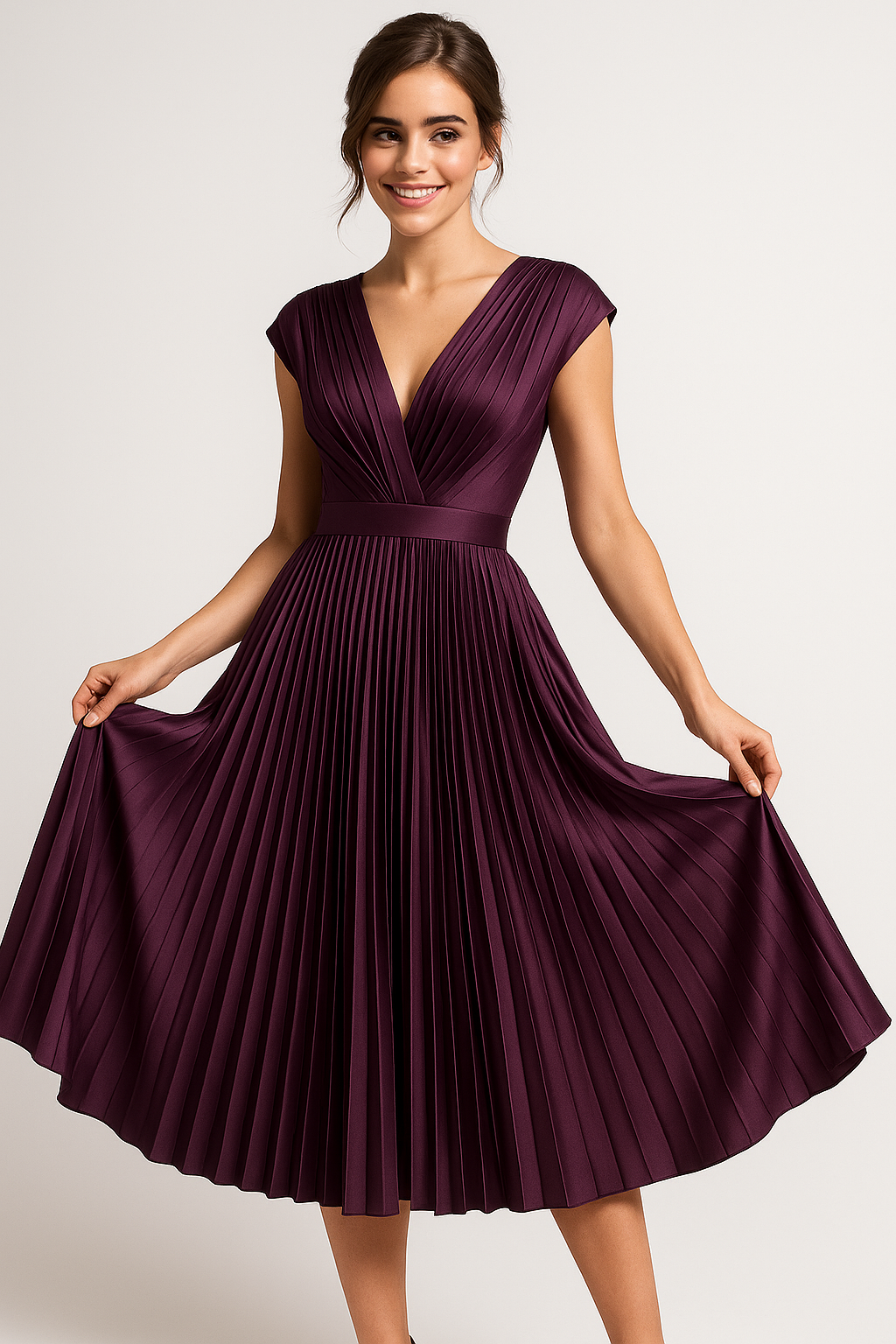 Midi Jurk Dames Elegant Geplooid met V-hals - Perfect voor Elke Gelegenheid