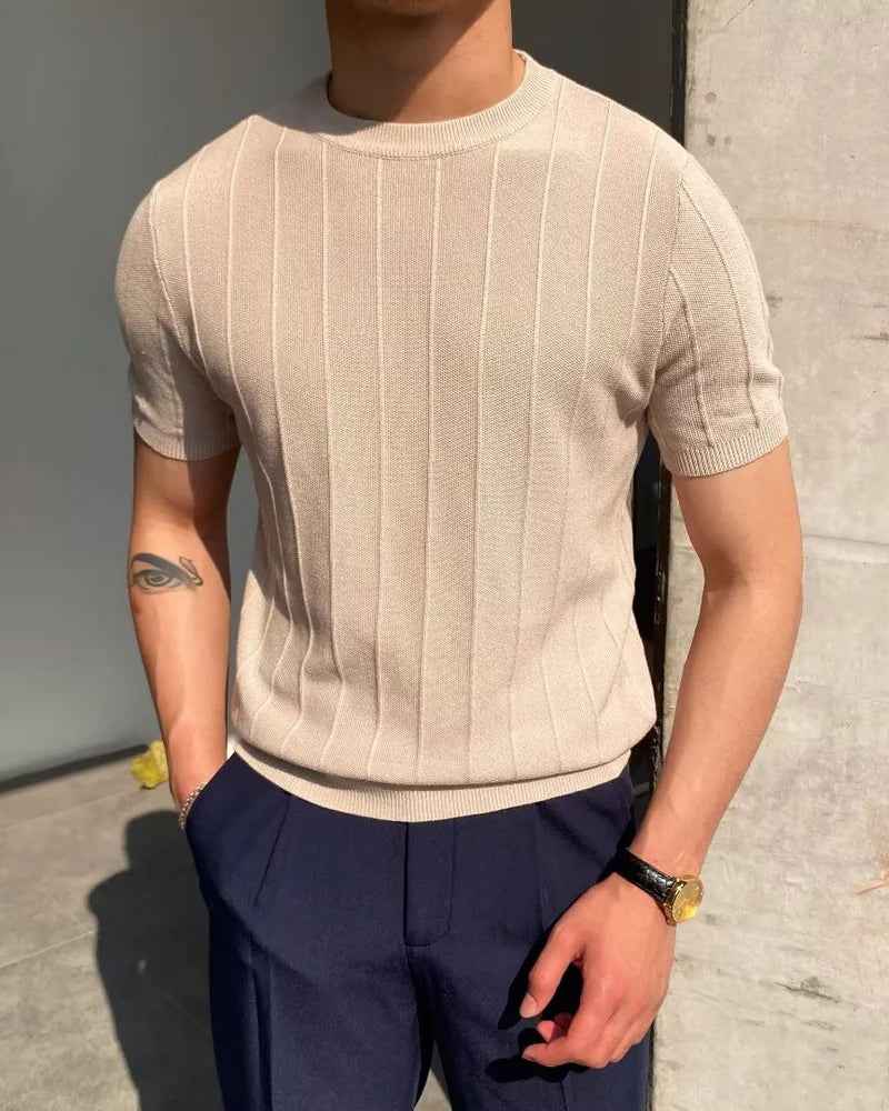 T-shirts : Heren T-shirt Gestreept linnen-katoen voor fris draagcomfort in Beige van Pantinoshop
