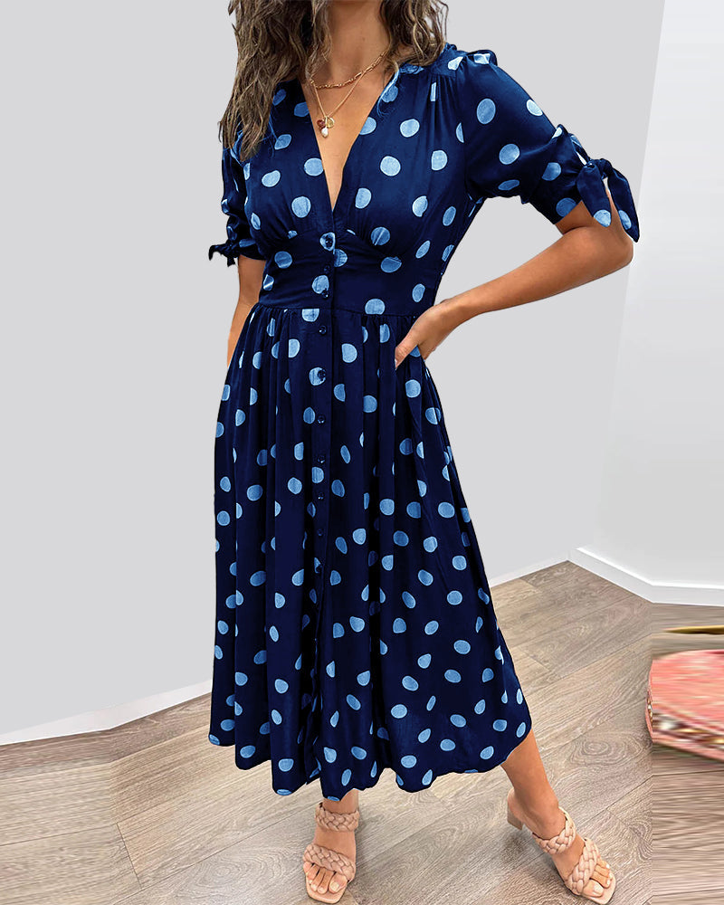 Jurken : Dames Midi Jurk V-hals met Stippenprint en Flatterende A-lijn in Blauw van Pantinoshop