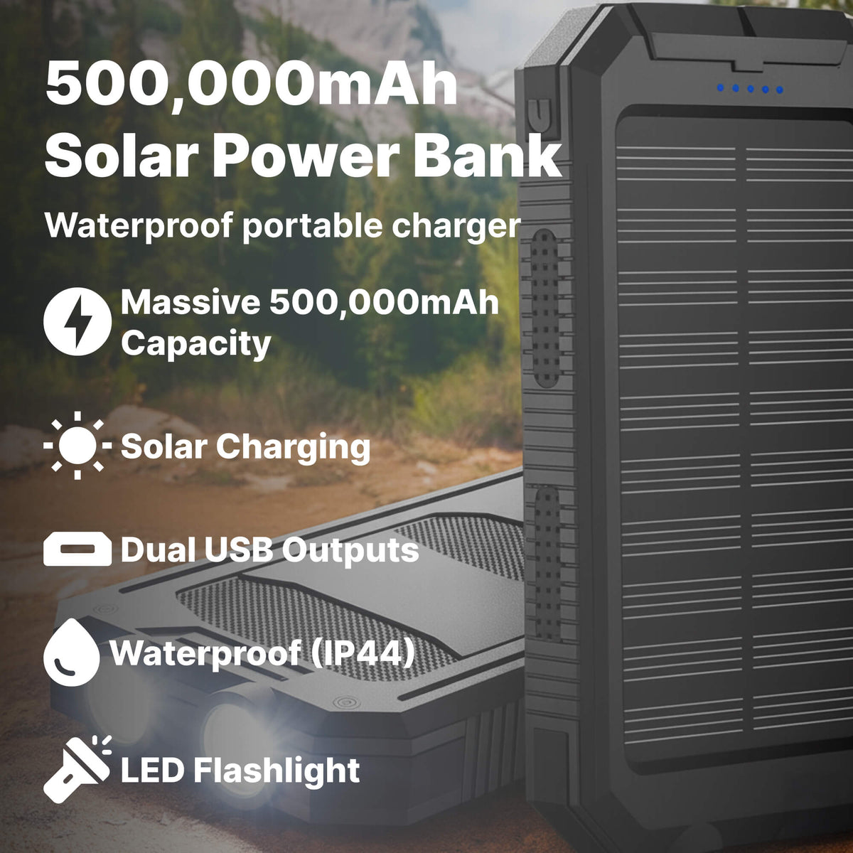 camping gear : Draagbare Zonne-Oplader 500000mAh Waterdicht, Dual USB & Zaklamp in van Sansoti