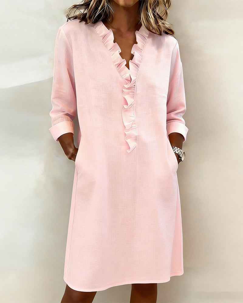 Jurken : Jurk Dames - Casual Katoen-Linnen met V-halslijn & Ruches in Roze van Pantinoshop