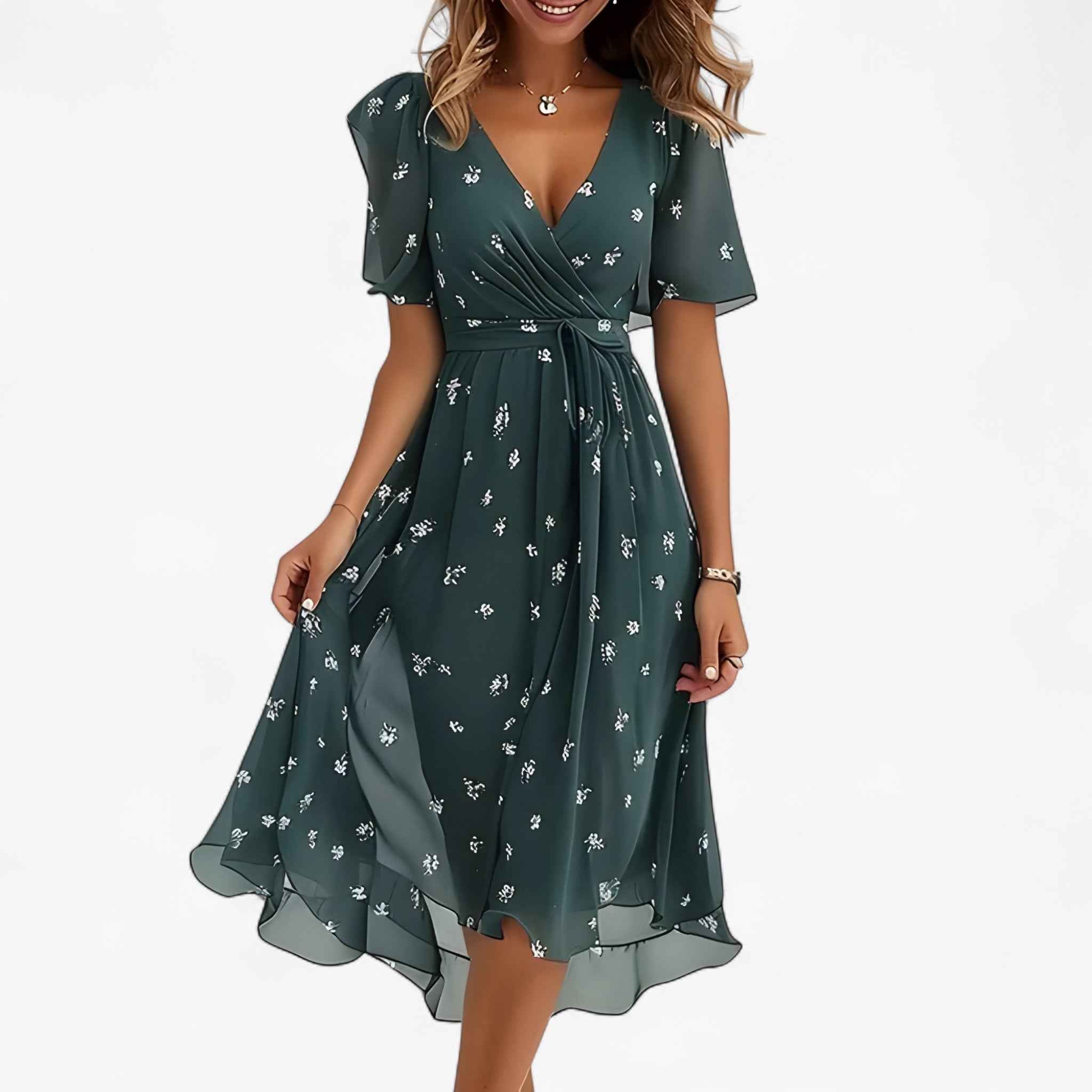 Dresses : Midi Jurk Bloemen Neutraal van Imitatieleer voor Dames - Elegant, Veelzijdig in Verde van Pantinoshop