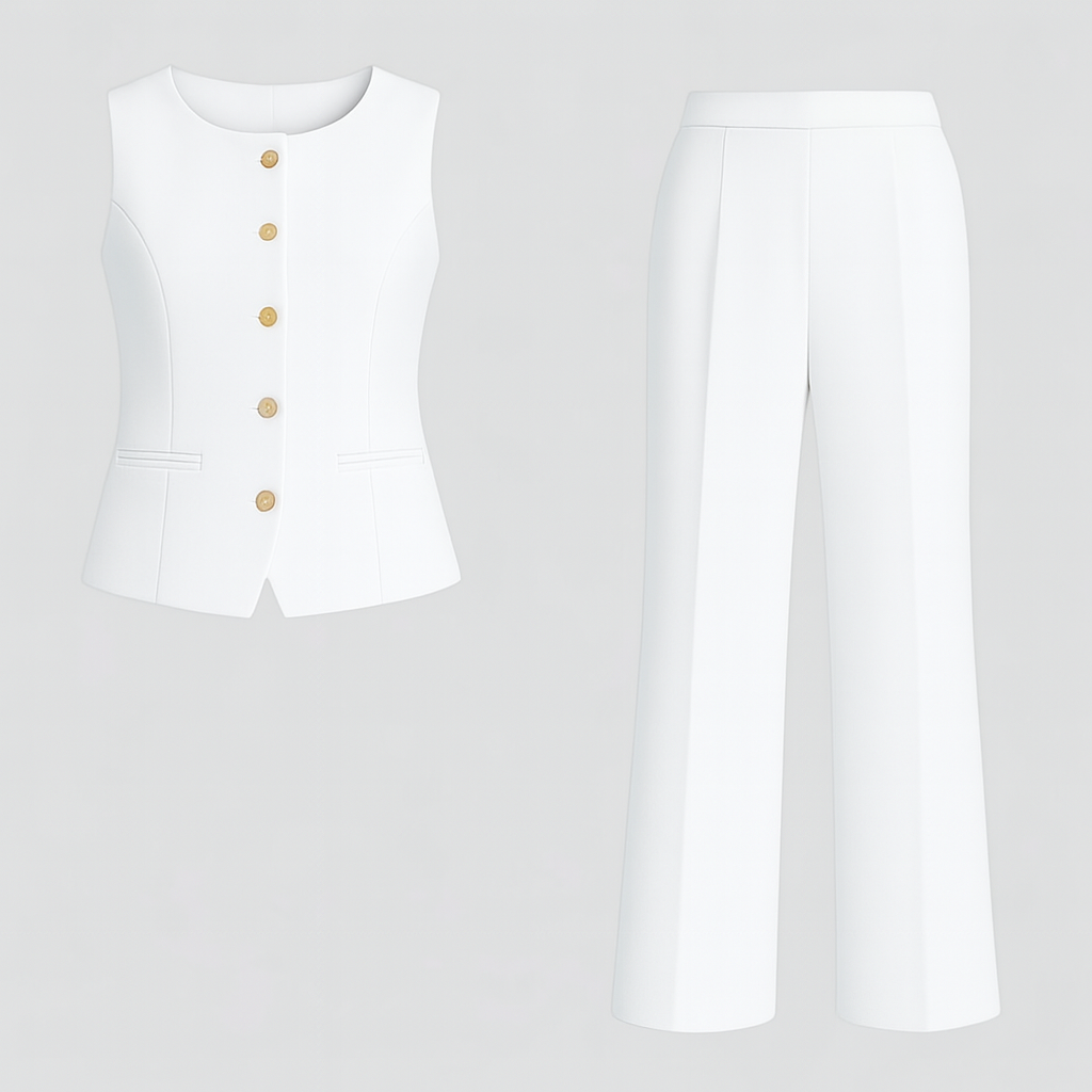 Elegante Dames Set van Wit Linnen met Broek en Blouse voor de Zomer