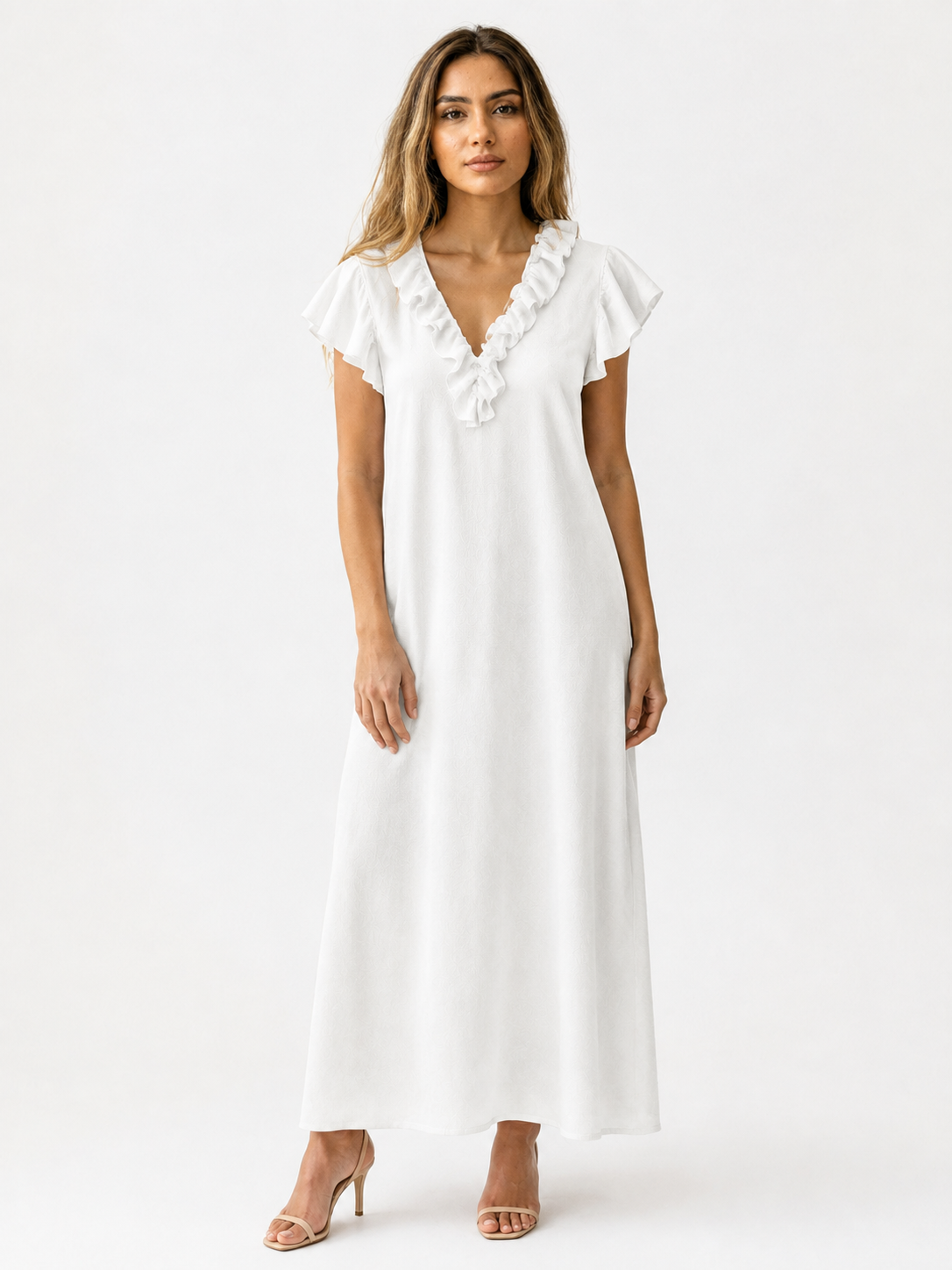 Dames Jurken : Boho Dames Maxi Jurk – Losvallende Jurk met V-hals, Zakken en Korte Mouwen in Wit van Pantinoshop