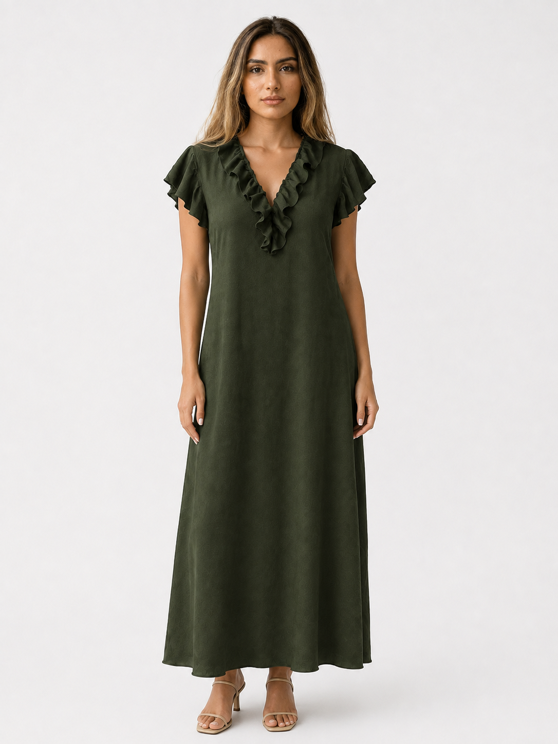 Dames Jurken : Boho Dames Maxi Jurk – Losvallende Jurk met V-hals, Zakken en Korte Mouwen in Donkergroen van Pantinoshop
