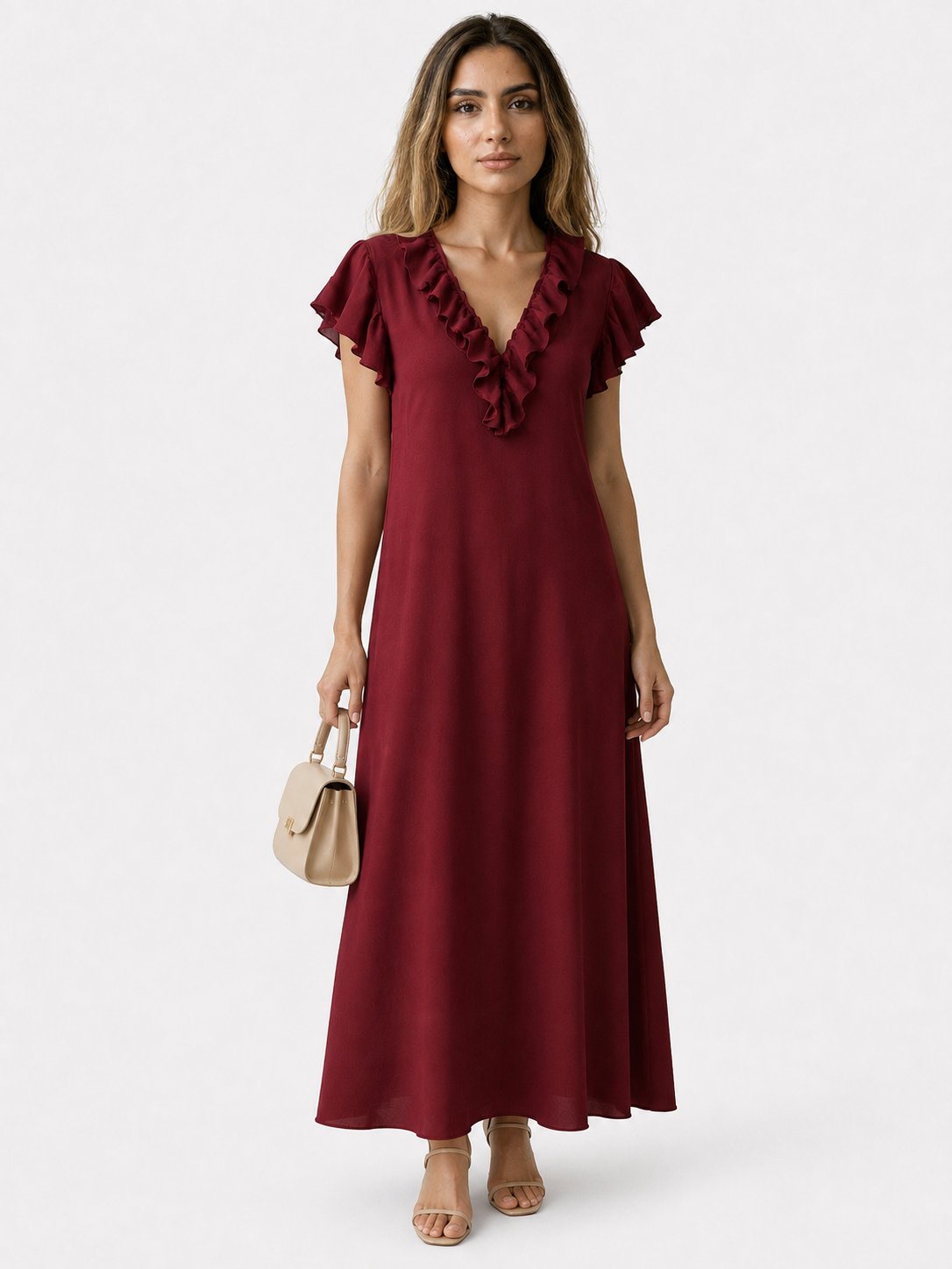 Dames Jurken : Boho Dames Maxi Jurk – Losvallende Jurk met V-hals, Zakken en Korte Mouwen in Wijnrood van Pantinoshop