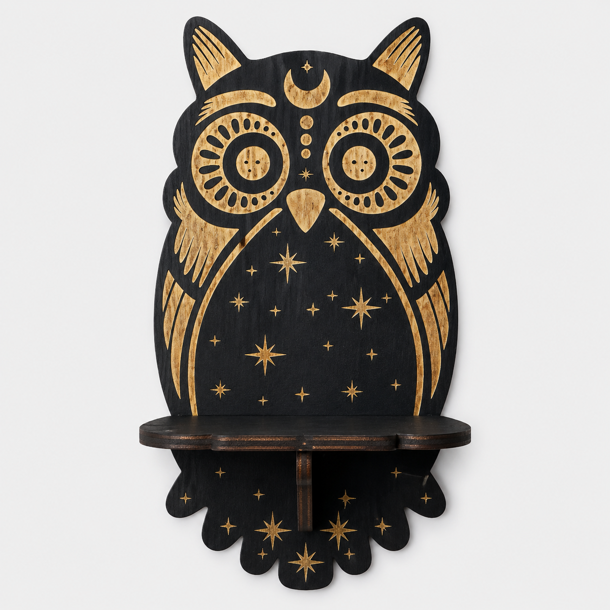 Gifts – Seasonal – Halloween : Houten Wandkaarsenhouder met Mystiek Motief – Decoratief Wandplankje voor Kaarsen in Uil van Pantinoshop
