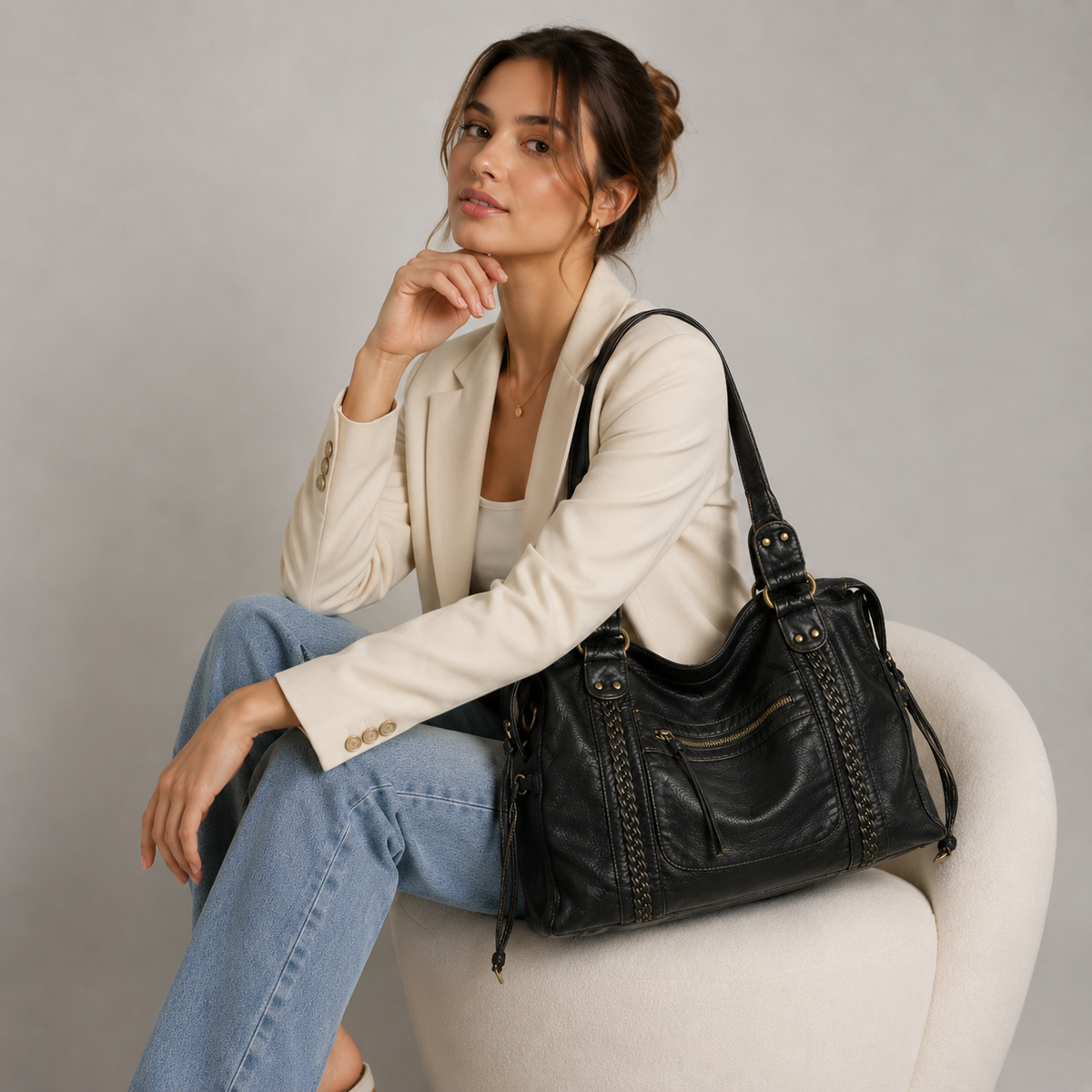 Black Shoulder Bag – Trendy Faux Leather Handbag with Zip Pockets