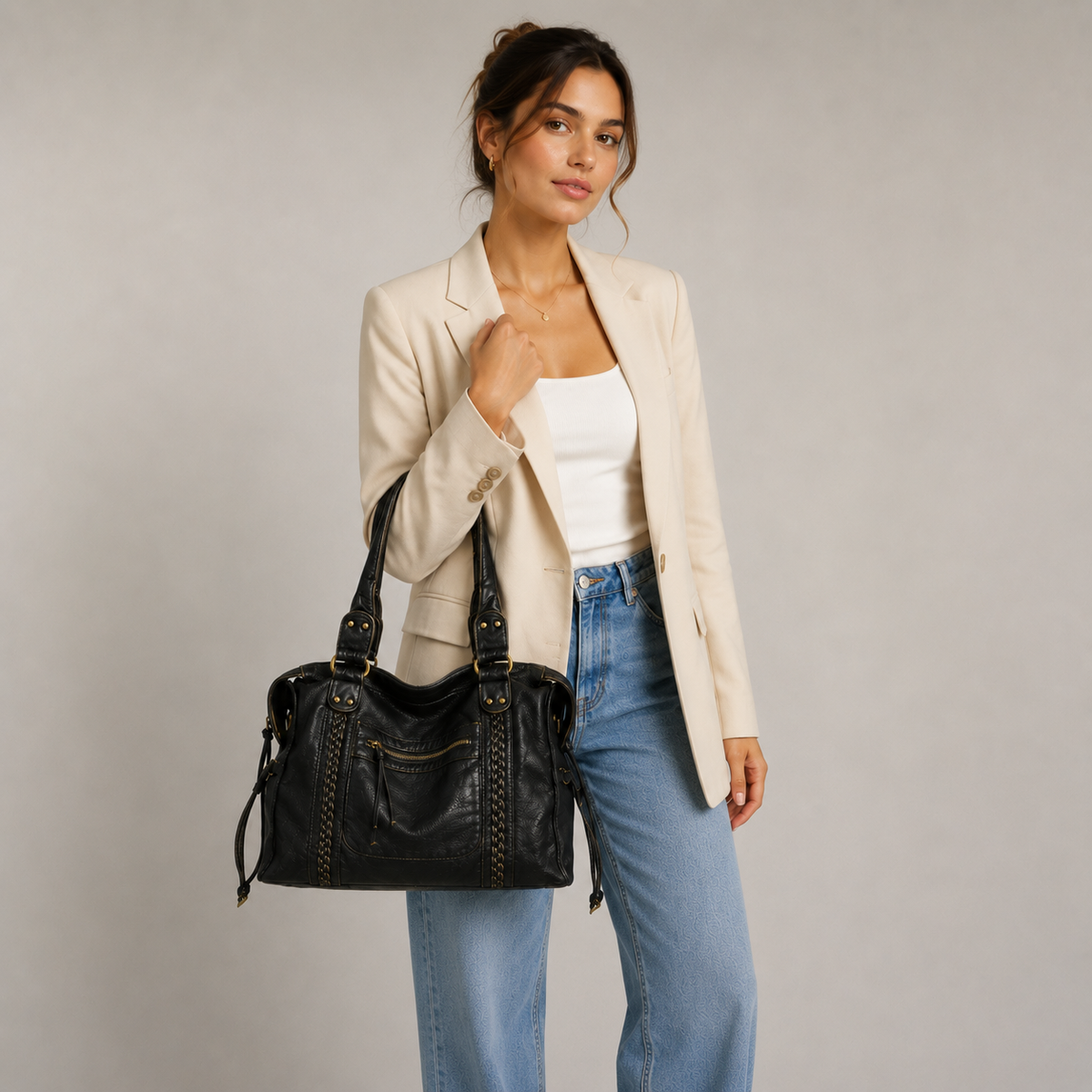 Black Shoulder Bag – Trendy Faux Leather Handbag with Zip Pockets