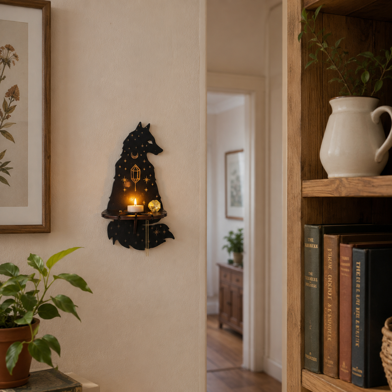 Gifts – Seasonal – Halloween : Houten Wandkaarsenhouder met Mystiek Motief – Decoratief Wandplankje voor Kaarsen in van Pantinoshop