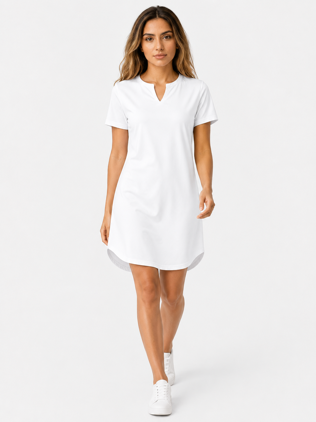 Midi Jurken : Dames Jurk van 95% Polyester en 5% Spandex met Korte Mouwen in Wit van Pantinoshop