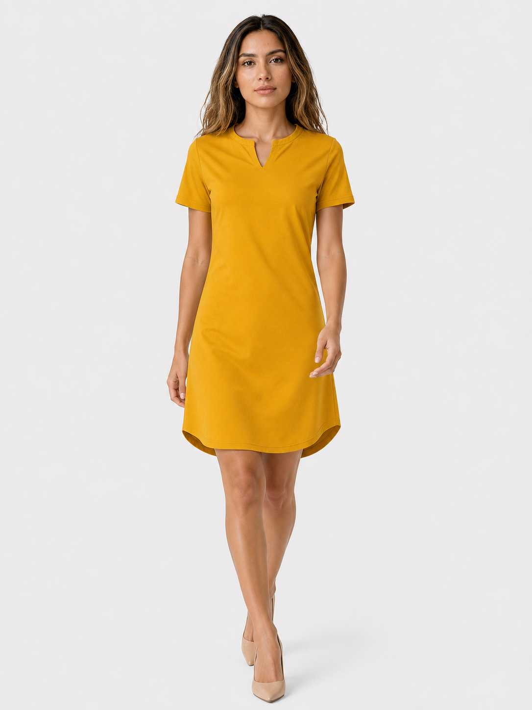 Midi Jurken : Dames Jurk van 95% Polyester en 5% Spandex met Korte Mouwen in Geel van Pantinoshop