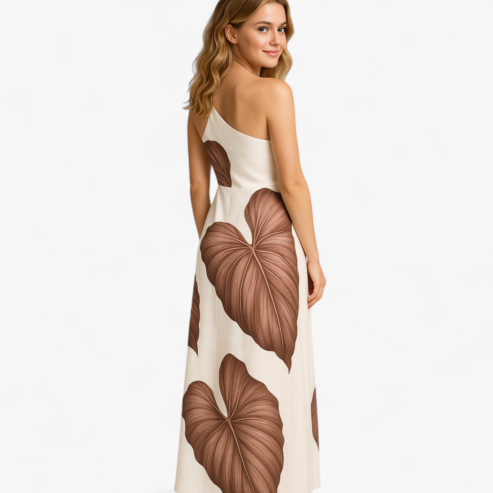 Women's Dress : Zomerjurk Dames Bruin - Elegante Lange met Palmprint in van Pantino