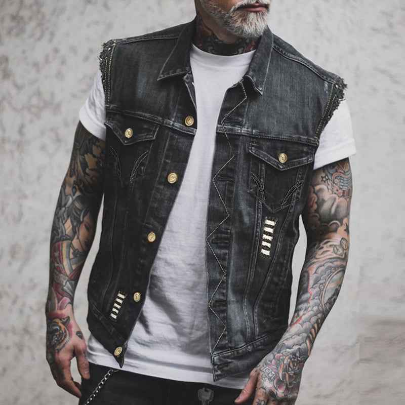 AS - Heren - Vest : Heren Denim Gilet Mouwloos - Robuuste Street Stijl in Zwart van Pantinoshop