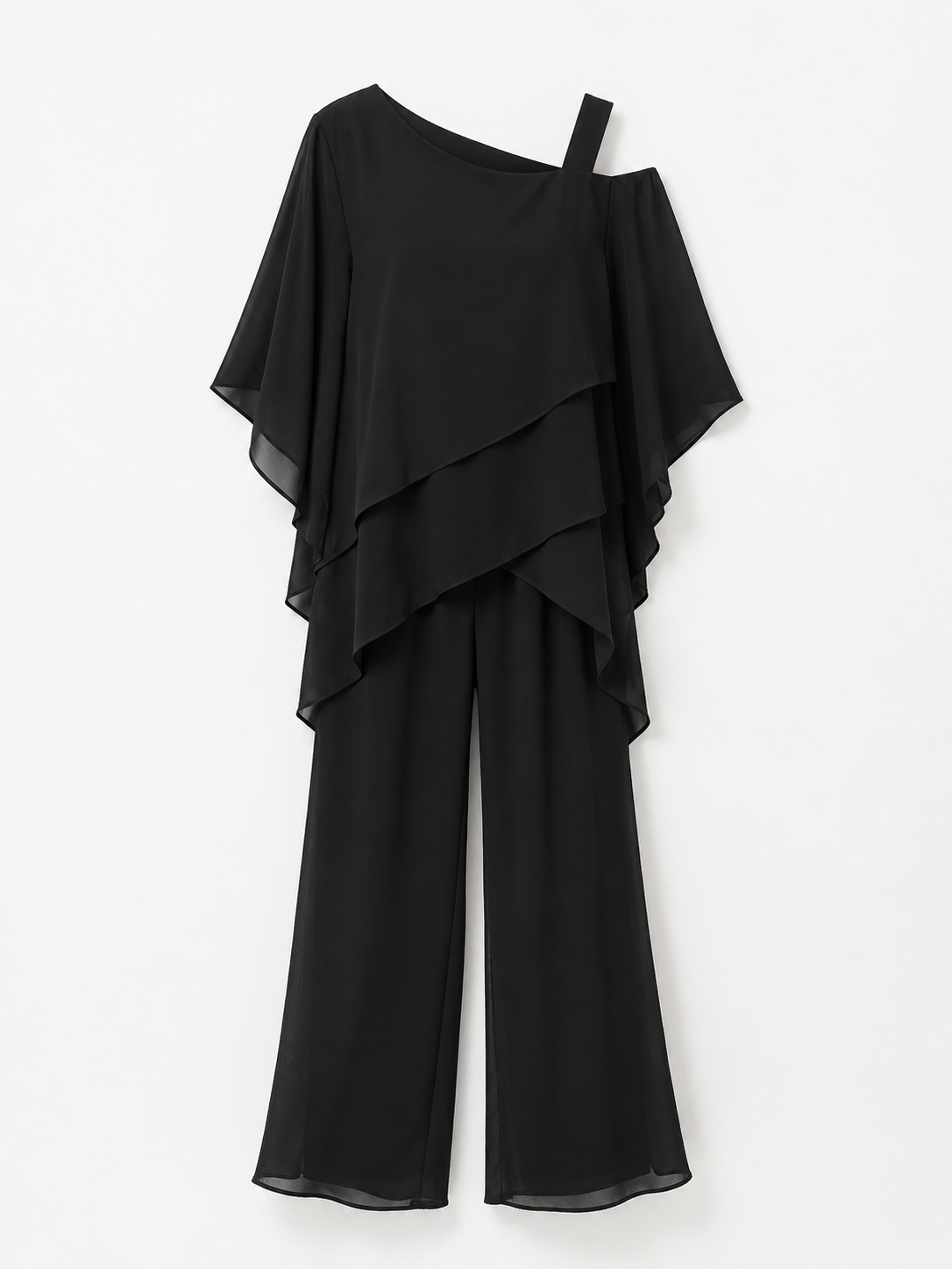 Women's Dress : Elegante Chiffon 2-Delige Dames Set met Asymmetrische Top en Wijde Broek in Zwart van Pantino