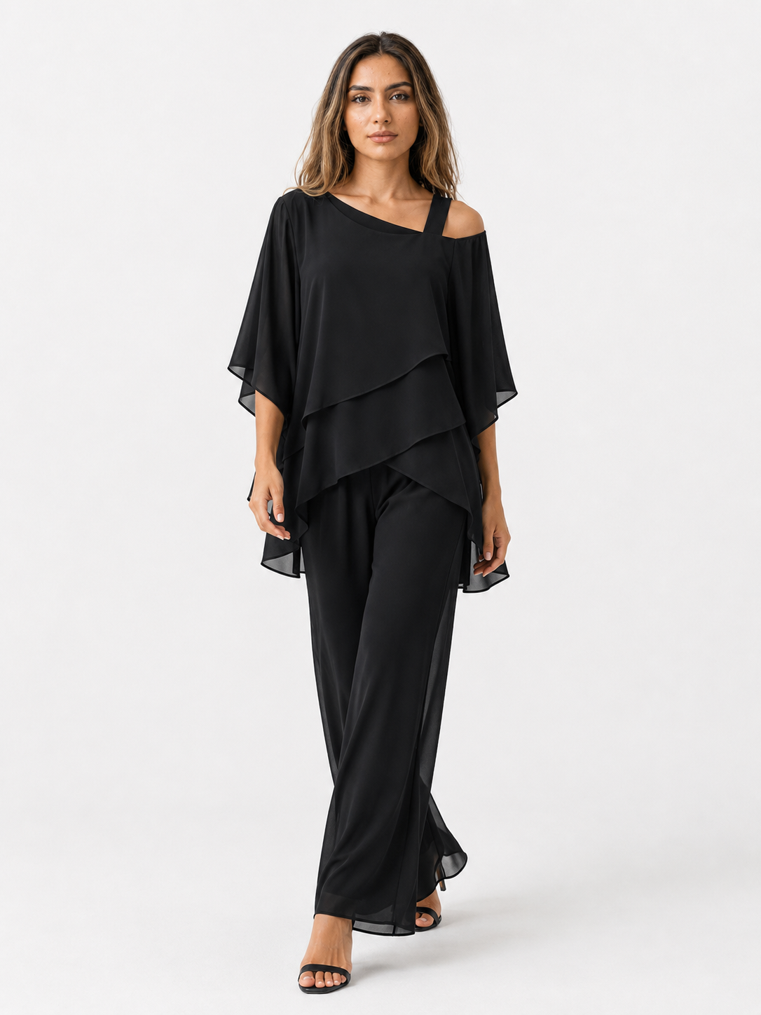 Women's Dress : Elegante Chiffon 2-Delige Dames Set met Asymmetrische Top en Wijde Broek in van Pantino