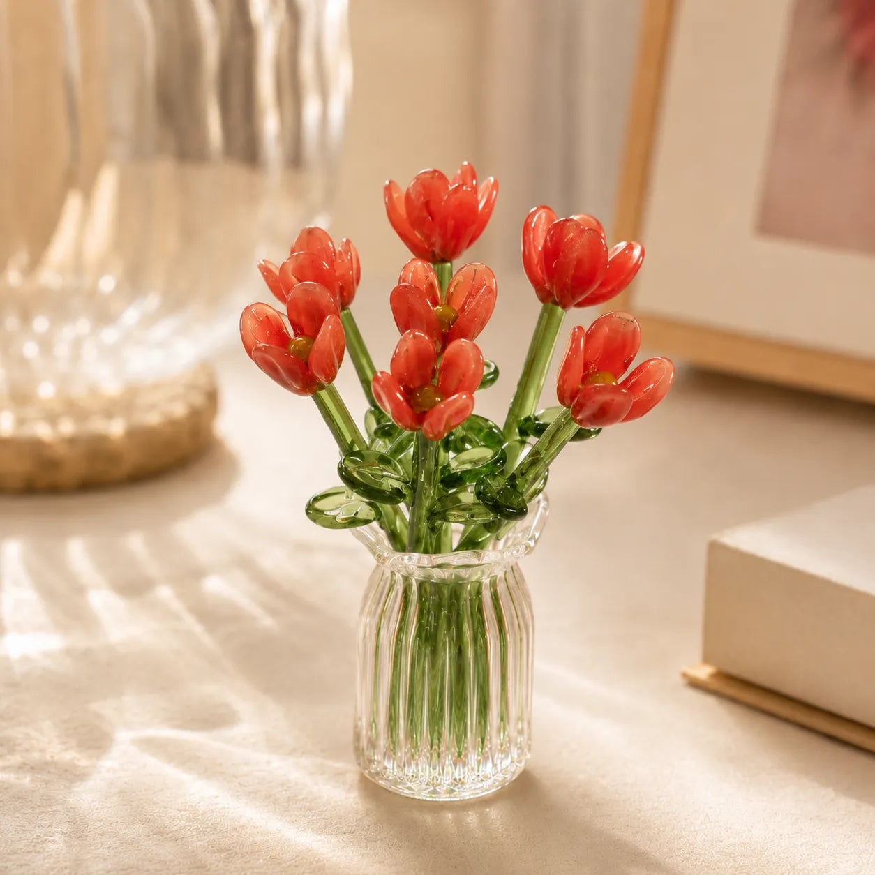 0 : Glazen Bloemenset Handgeblazen Decoratief Compact Onderhoudsvrij in 7 stuks Hongyu Set + Vaas van Inovessa