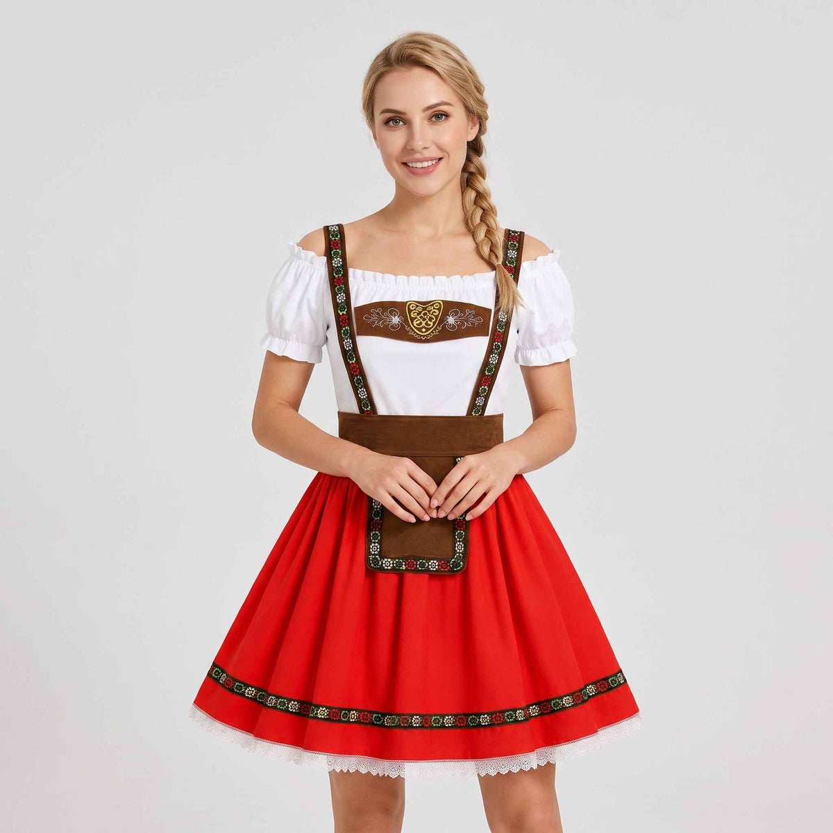 Dames Dirndl Rood met Carmen-hals en pofmouwen