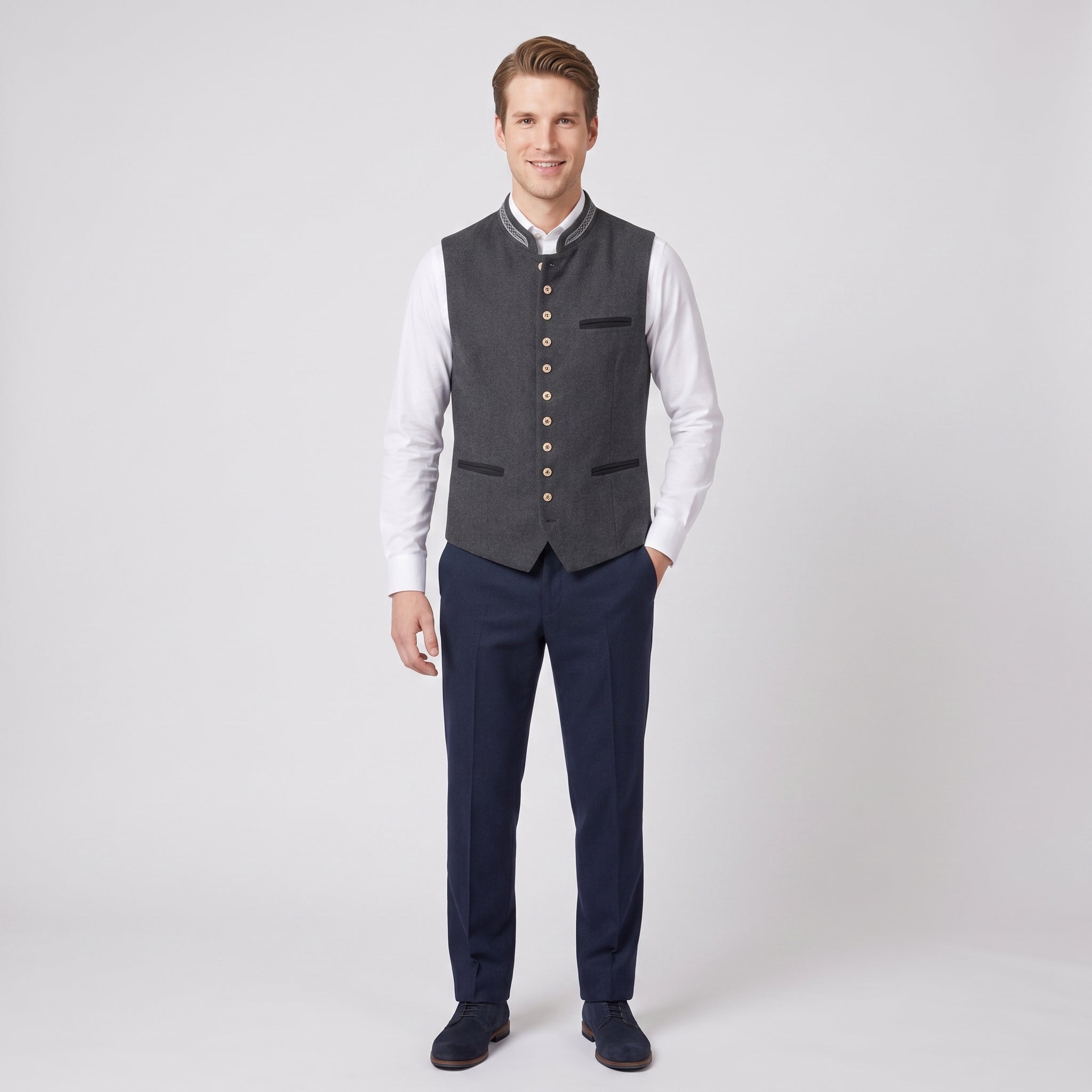 SS - Mens - Tanktop : Heren Gilet Grijs Slim Fit met Visgraat en Staande Kraag in van Loranza