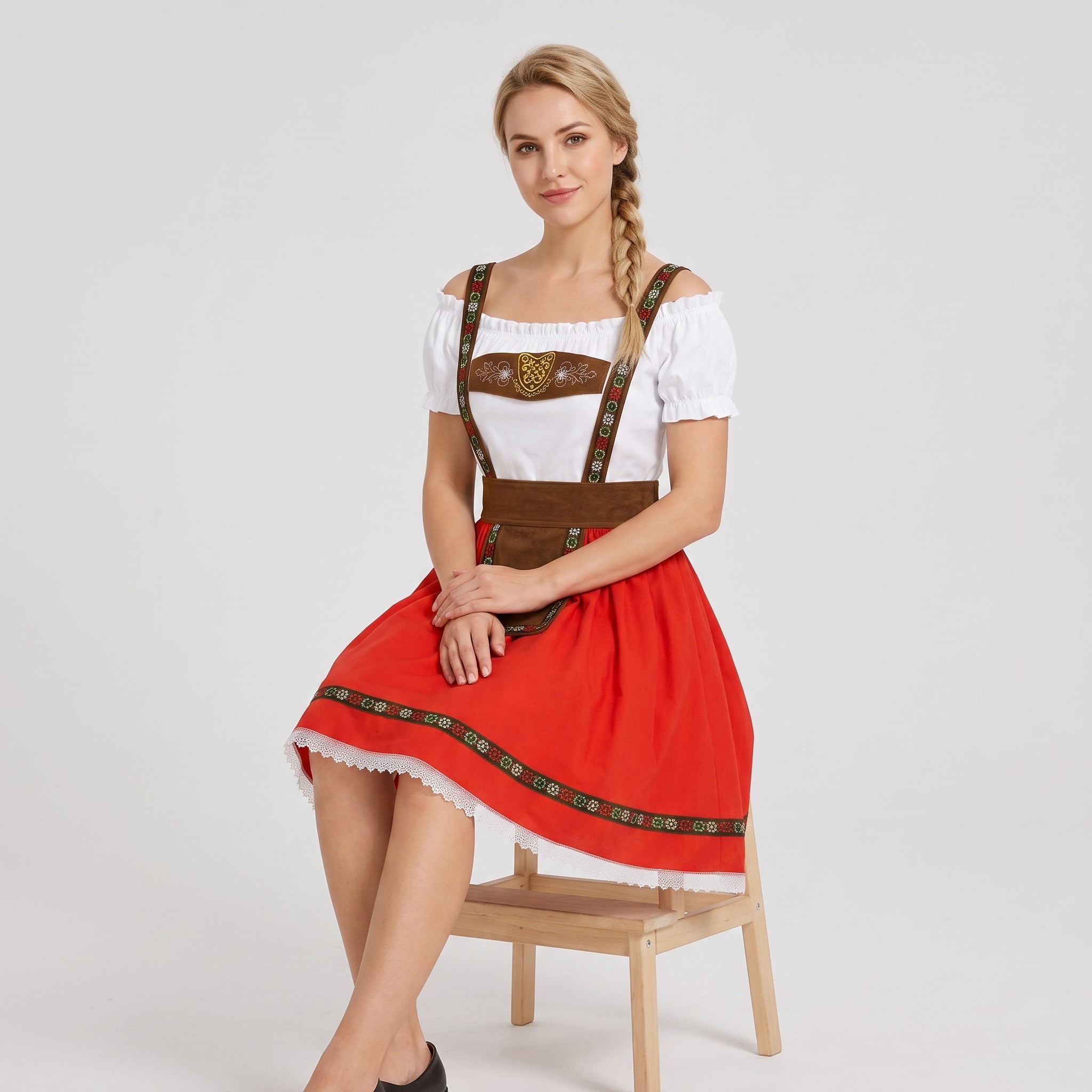 Gifts – Seasonal – Oktoberfest : Dames Dirndl Rood met Carmen-hals en pofmouwen in van Steiner-boutique
