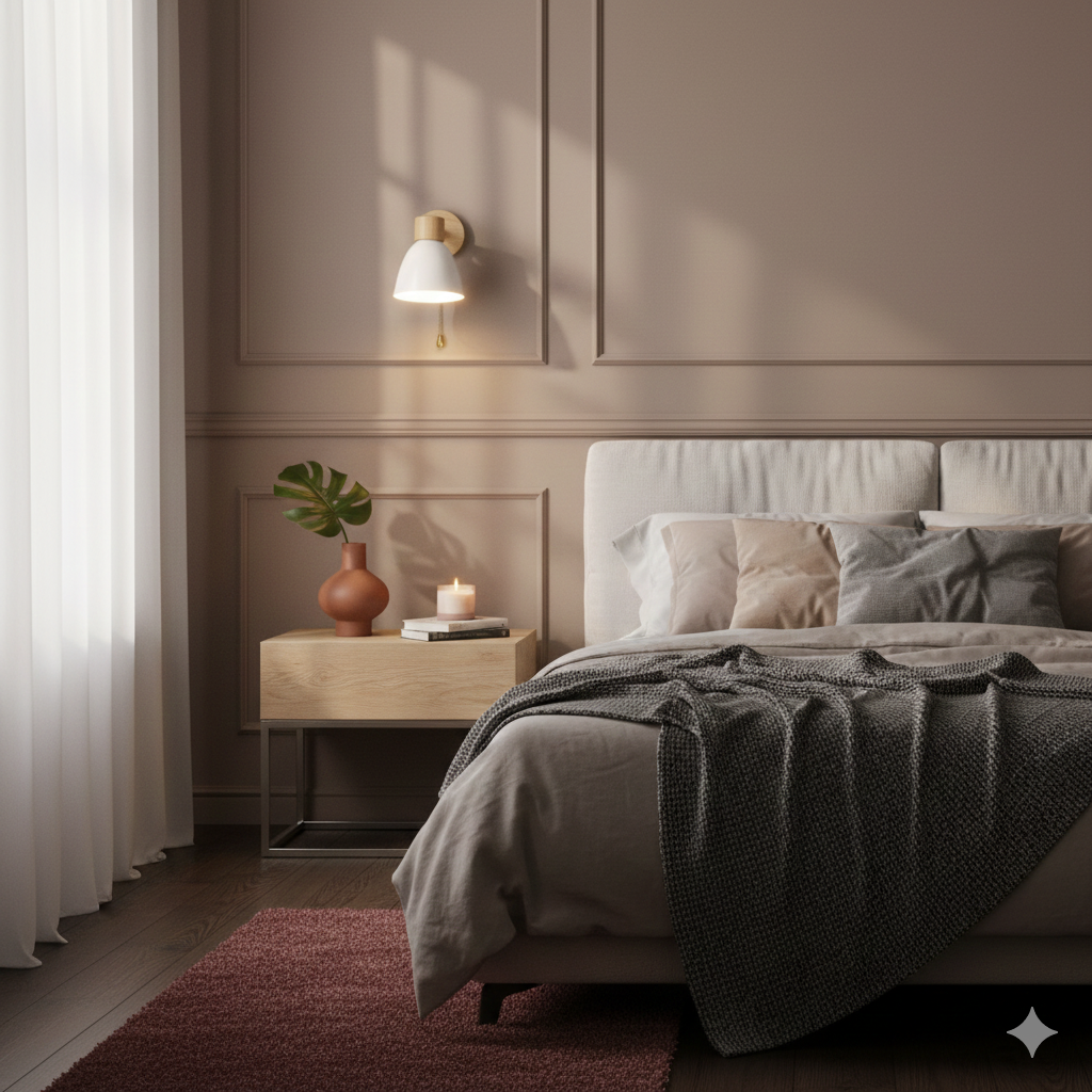 Moderne Wandlamp met Schuine Arm, Hout, Conische Kap