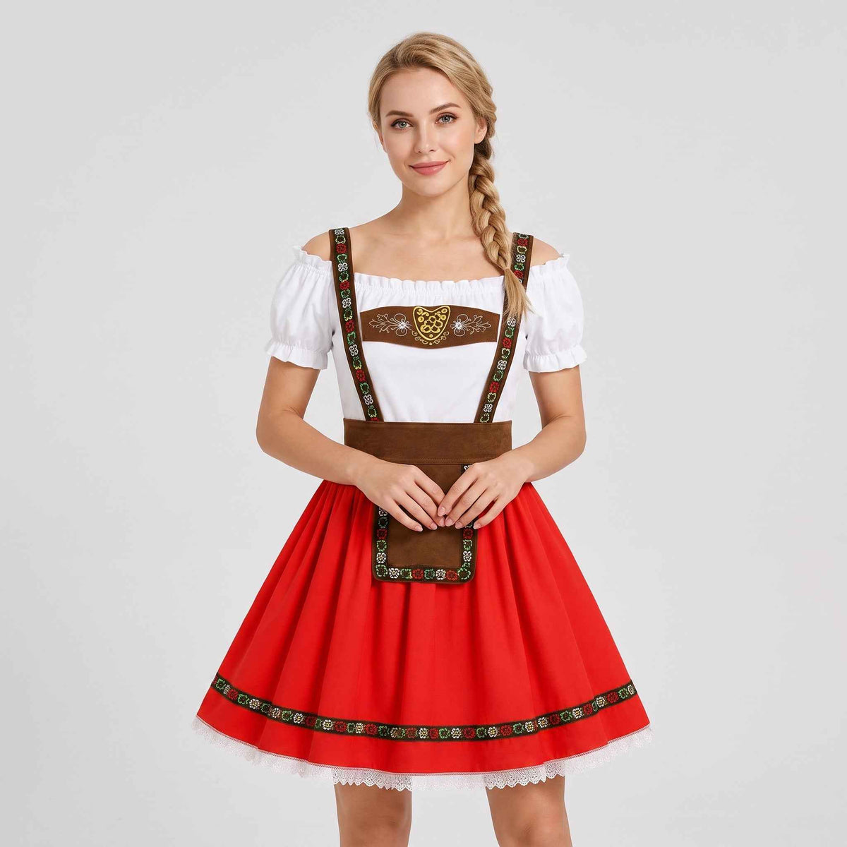 Dames Dirndl Rood met Carmen-hals en pofmouwen