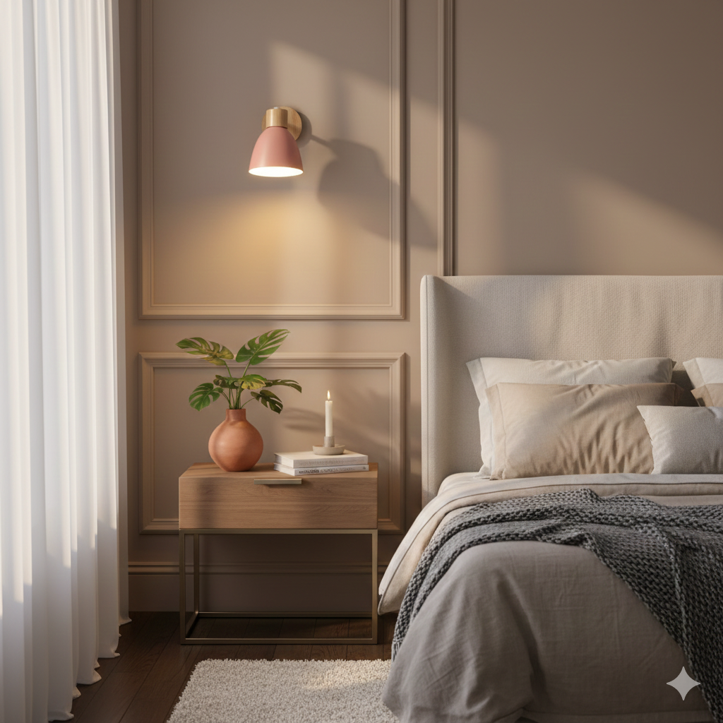 Moderne Wandlamp met Schuine Arm, Hout, Conische Kap