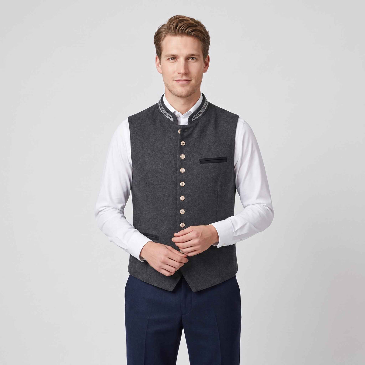 Heren Gilet Grijs Slim Fit met Visgraat en Staande Kraag