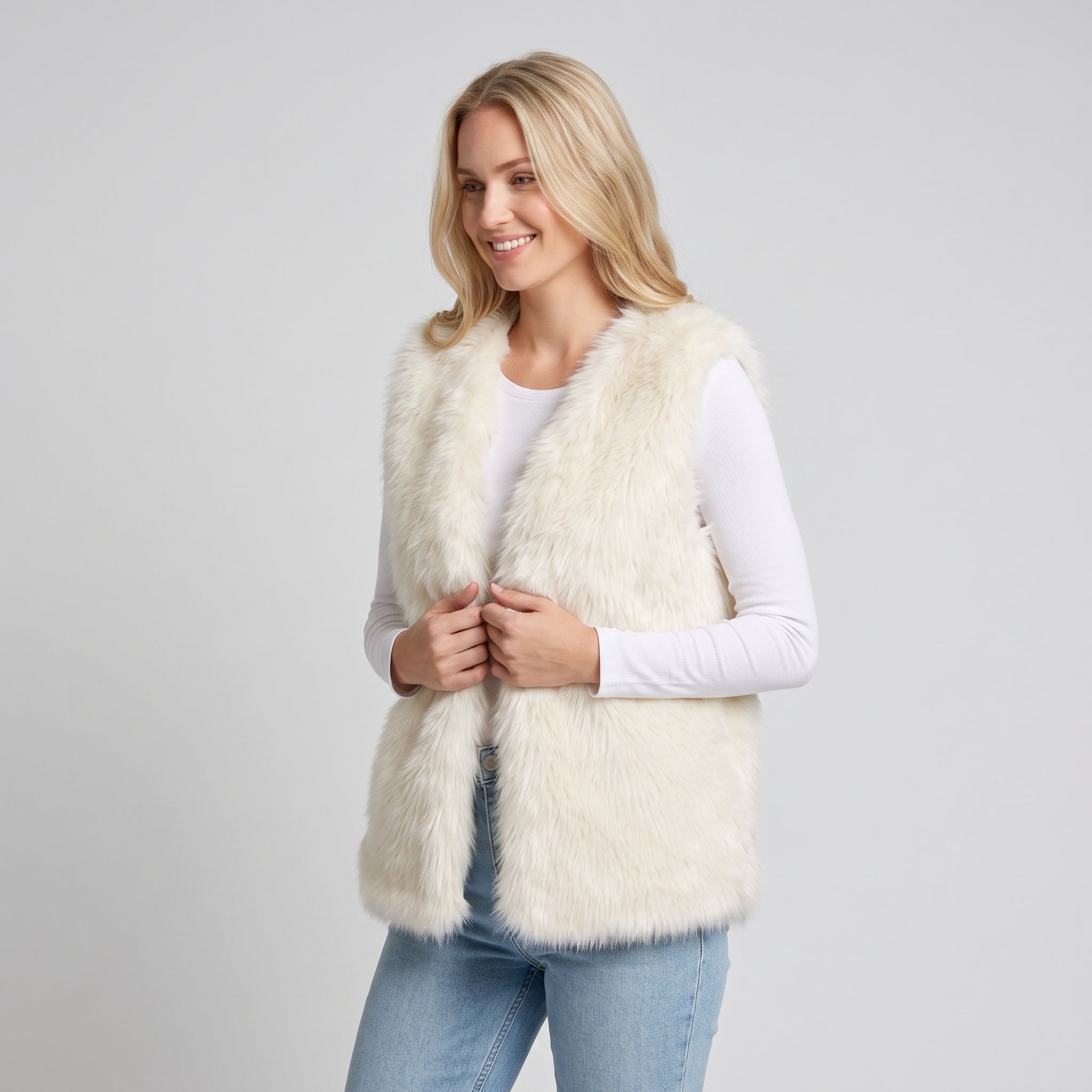 AS - Womens - Top : Dames Nepbont Vest - Open Voorkant, Losse Pasvorm en Warm in van Loranza