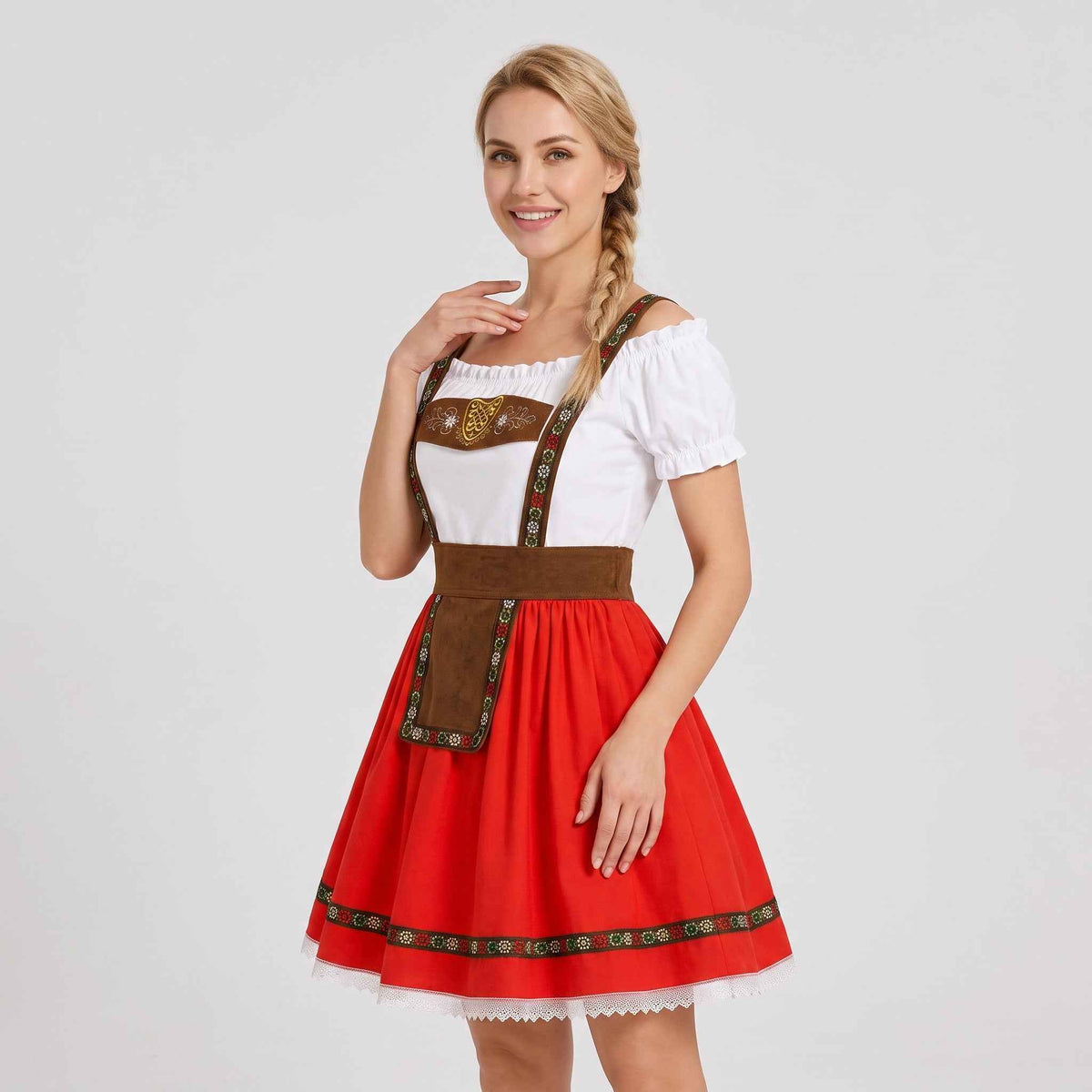 Dames Dirndl Rood met Carmen-hals en pofmouwen
