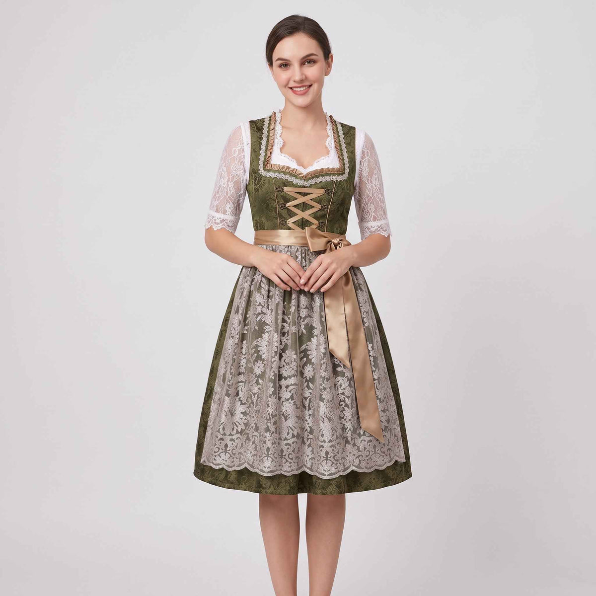 Dames Dirndl Groen - Kanten Mieder, Bloemenstrik