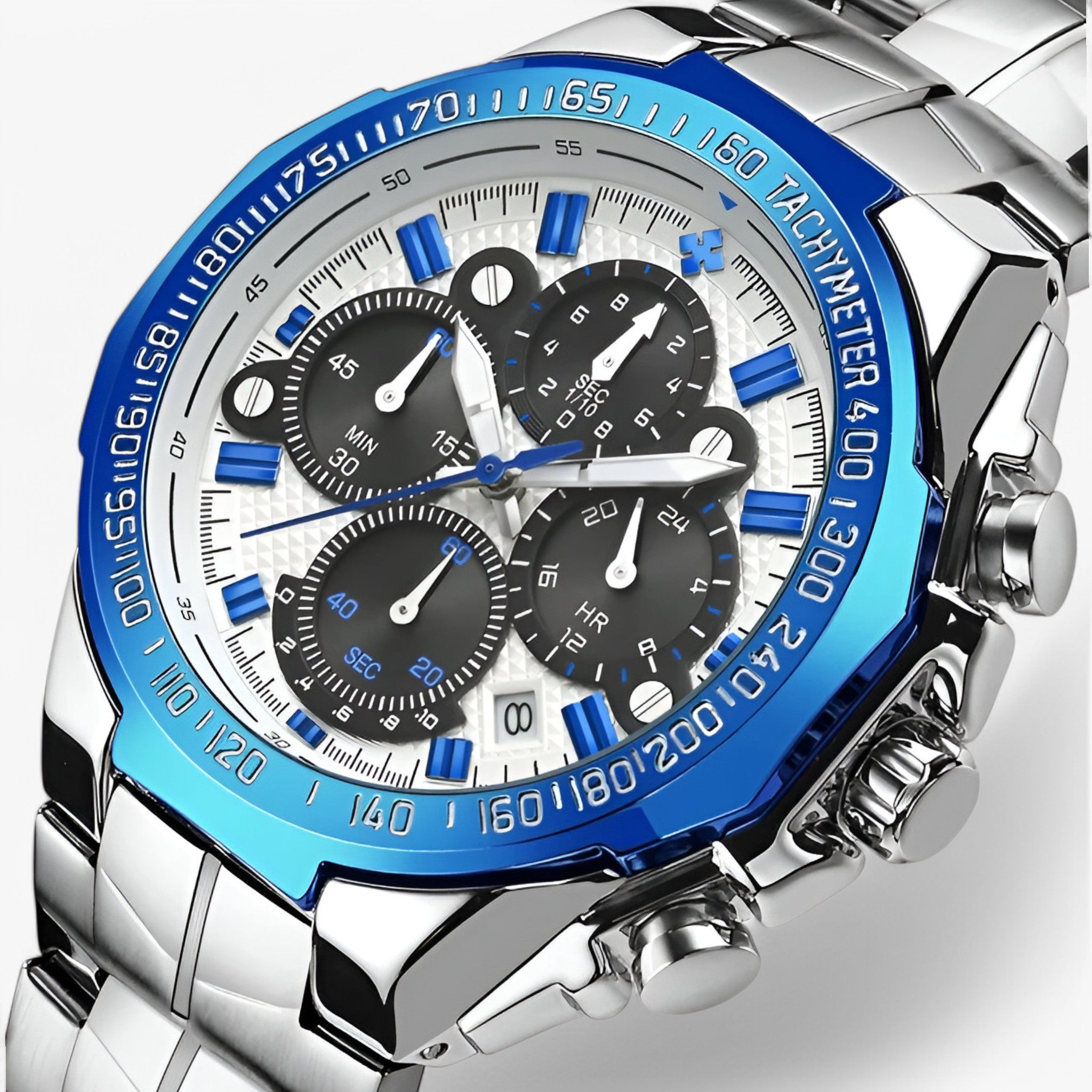 Luxe sporthorloge voor heren van zwart staal, elegant waterdicht chronograaf
