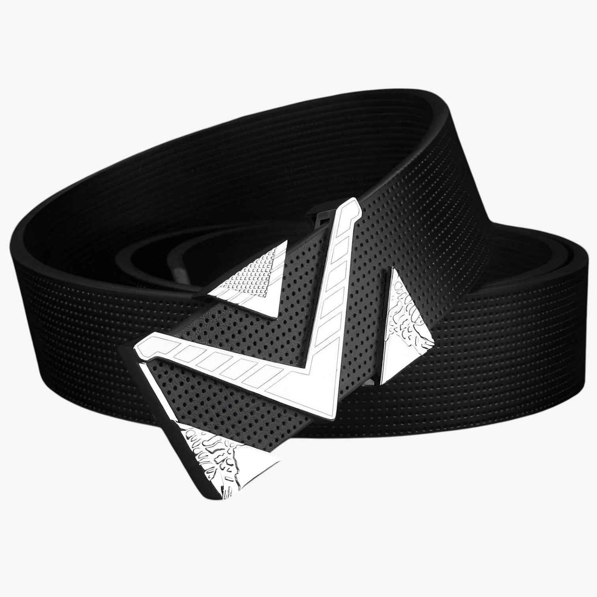 Men's Belt : Elegante zwarte leren herenriem met V-vormige gouden gesp in Zwart-witte gesp van Pantinoshop