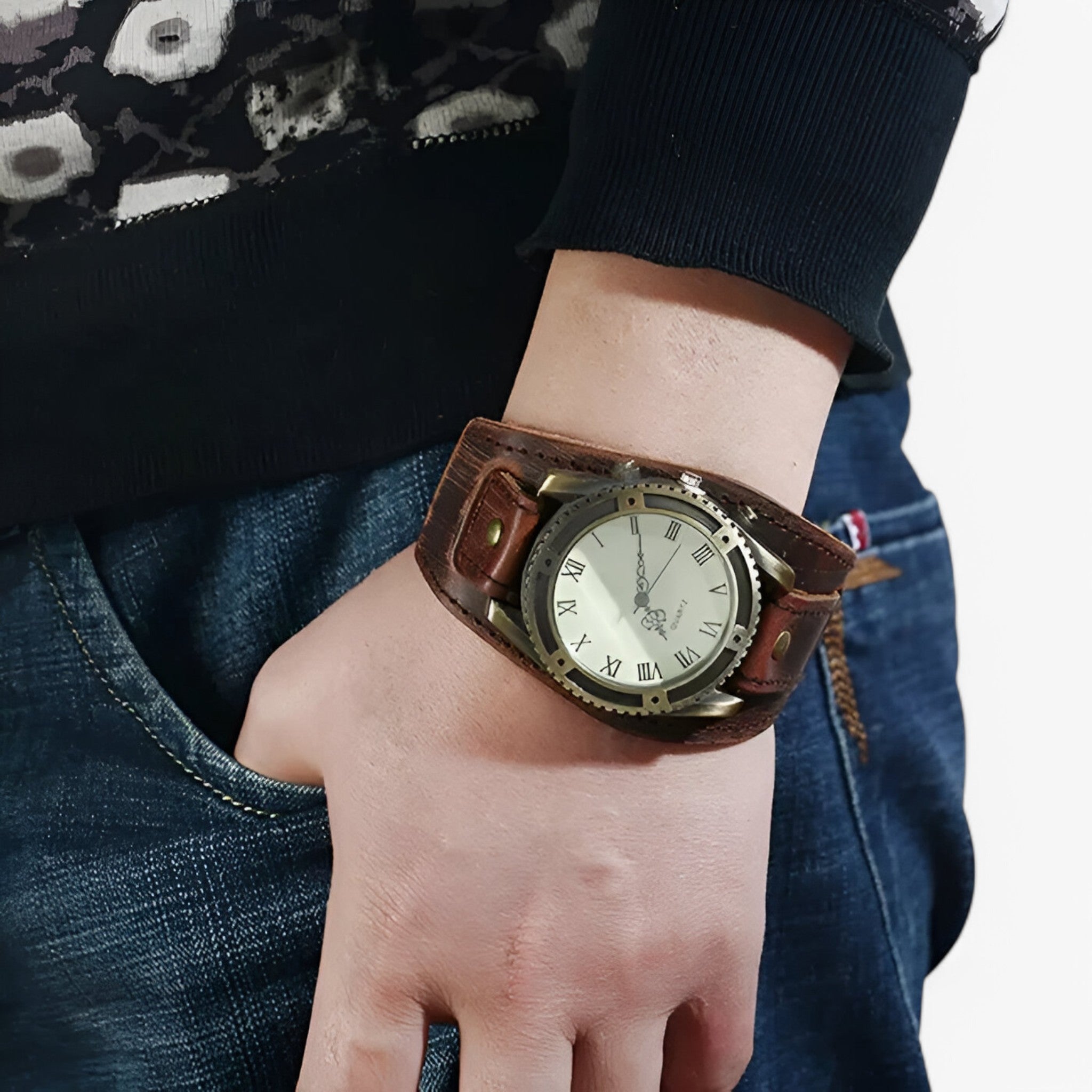 watches : Heren Horloge Zwart Vintage - Klassiek met Bruine Lederen Band & Romeinse Cijfers in van Pantino