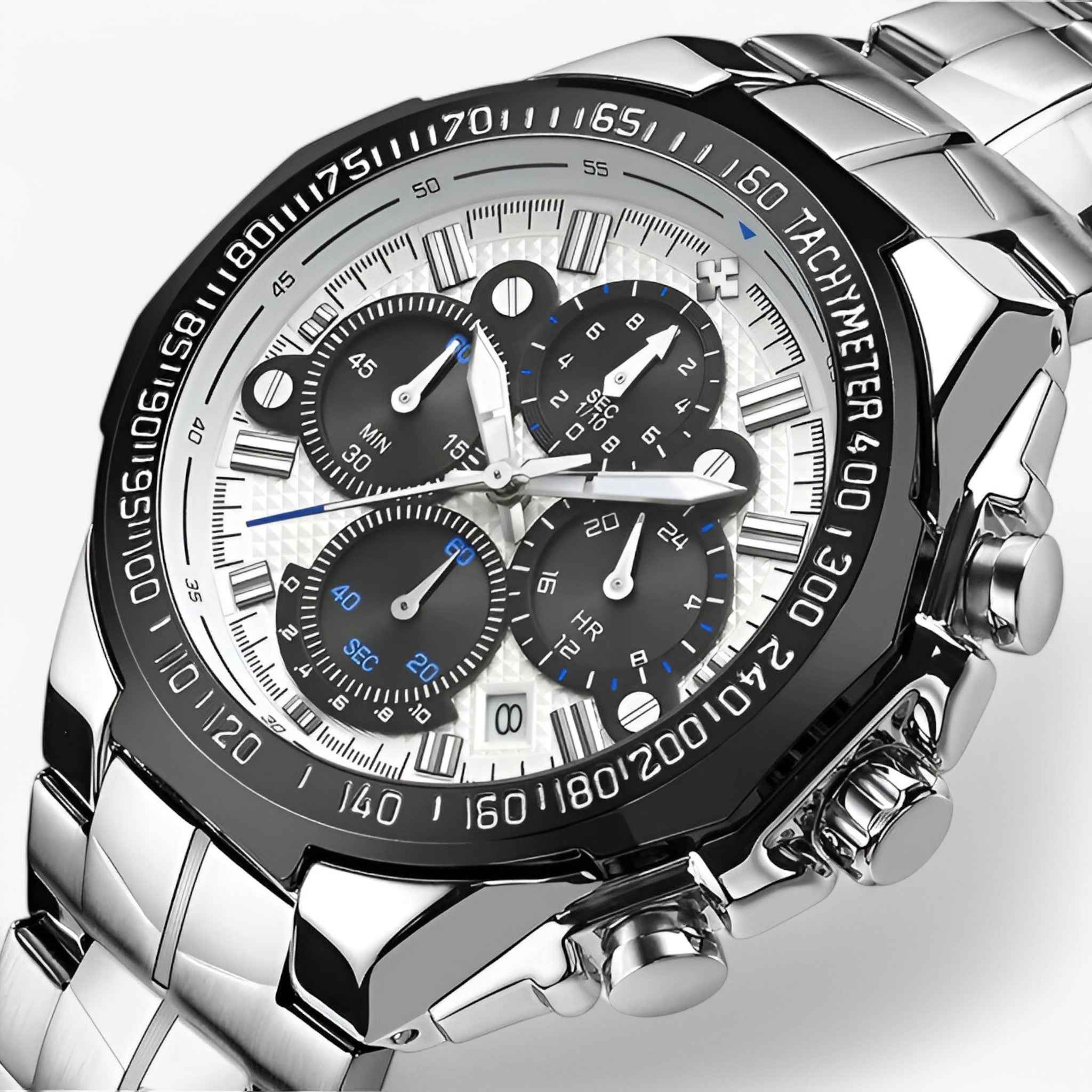 Luxe sporthorloge voor heren van zwart staal, elegant waterdicht chronograaf