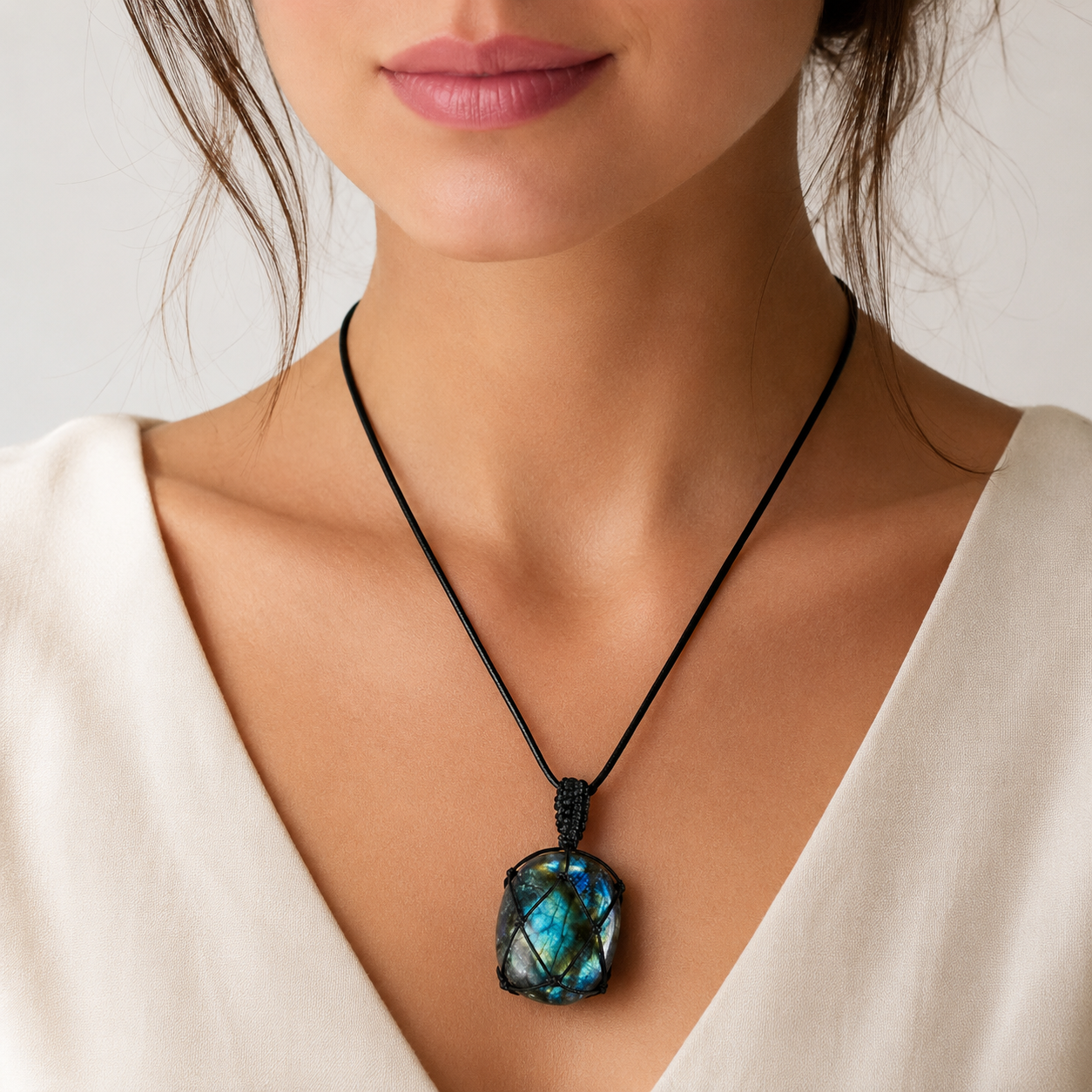 Necklace : Labradoriet Drakenhart - Unieke Handgesneden Edelsteen Hanger in van Pantino