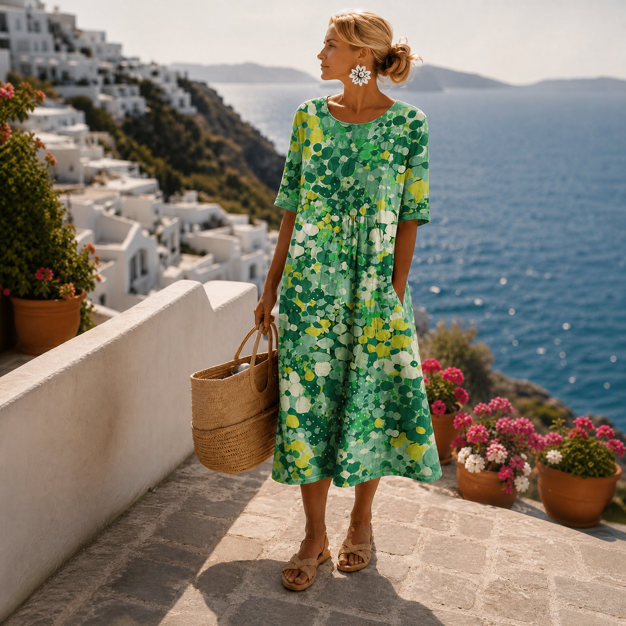 Dames Jurken : Dames Midi Jurk met vrolijke bloemenprint, ruime A-lijn en 3/4 mouw in Groen van Pantinoshop