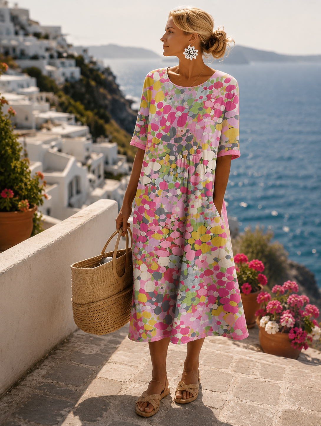 Dames Jurken : Dames Midi Jurk met vrolijke bloemenprint, ruime A-lijn en 3/4 mouw in Roze van Pantinoshop