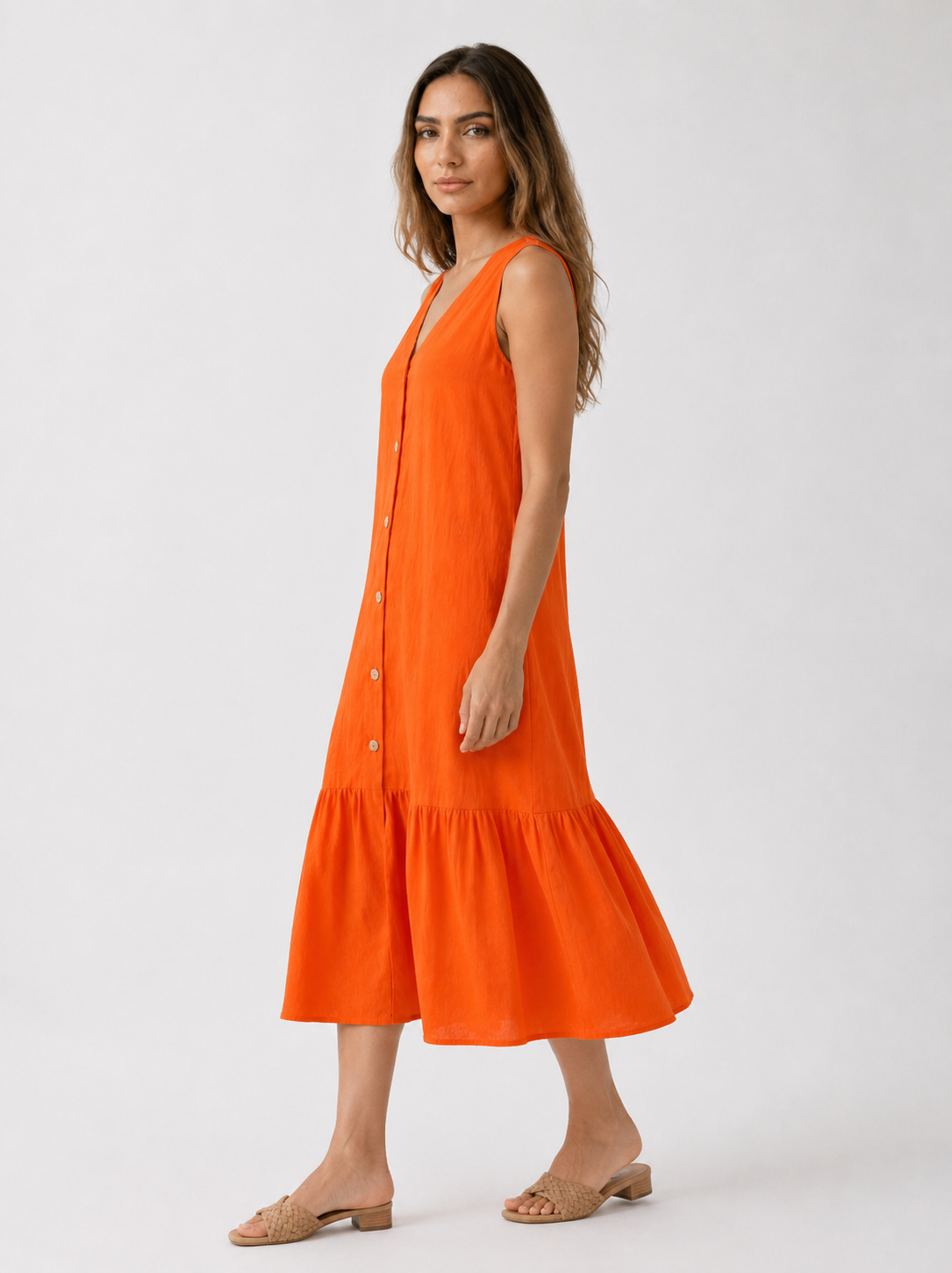Dresses : Mouwloze Midi Jurk van Katoen-Linnen met V-Hals in van Pantino