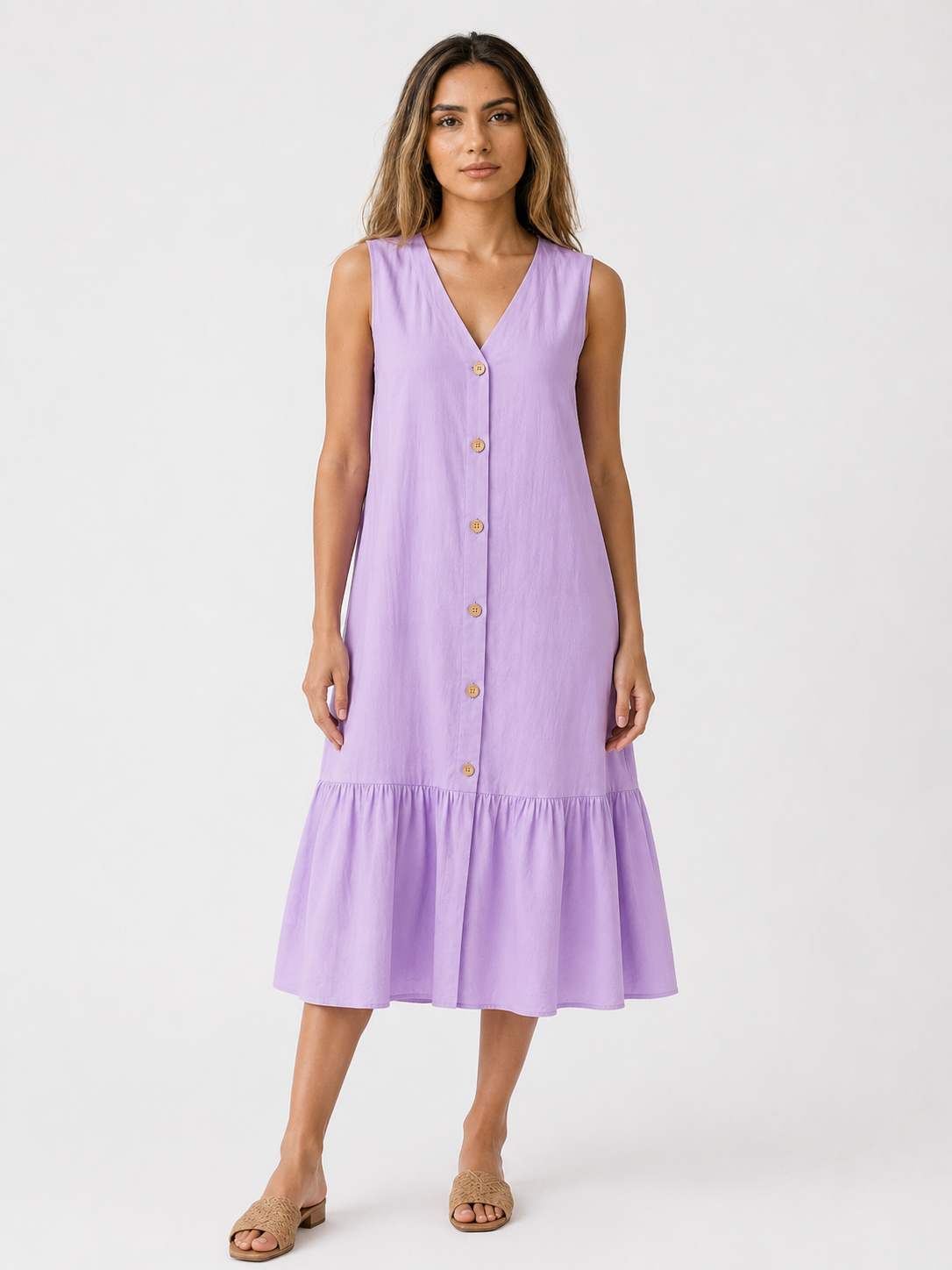 Dresses : Mouwloze Midi Jurk van Katoen-Linnen met V-Hals in van Pantino