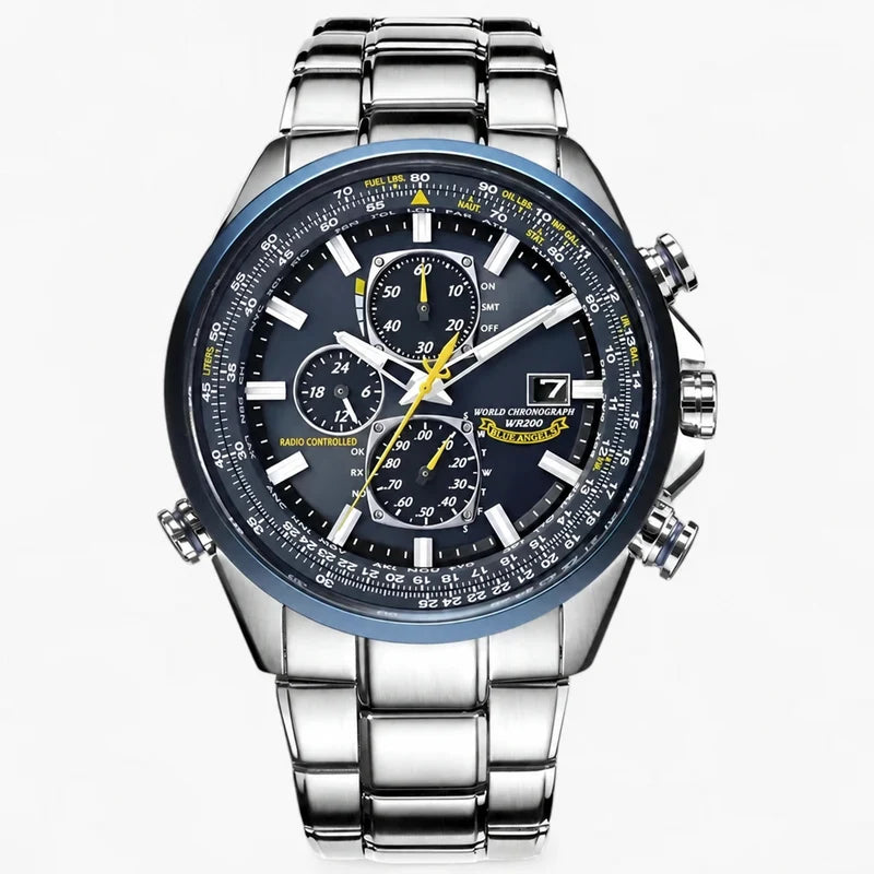 Watches : Heren Chronograaf Horloge MultiSteel 42mm, Zilverkleurig Staal met Elegante Blauwe Wijzerplaat in 4 zilveren stalen knoppen van Pantinoshop