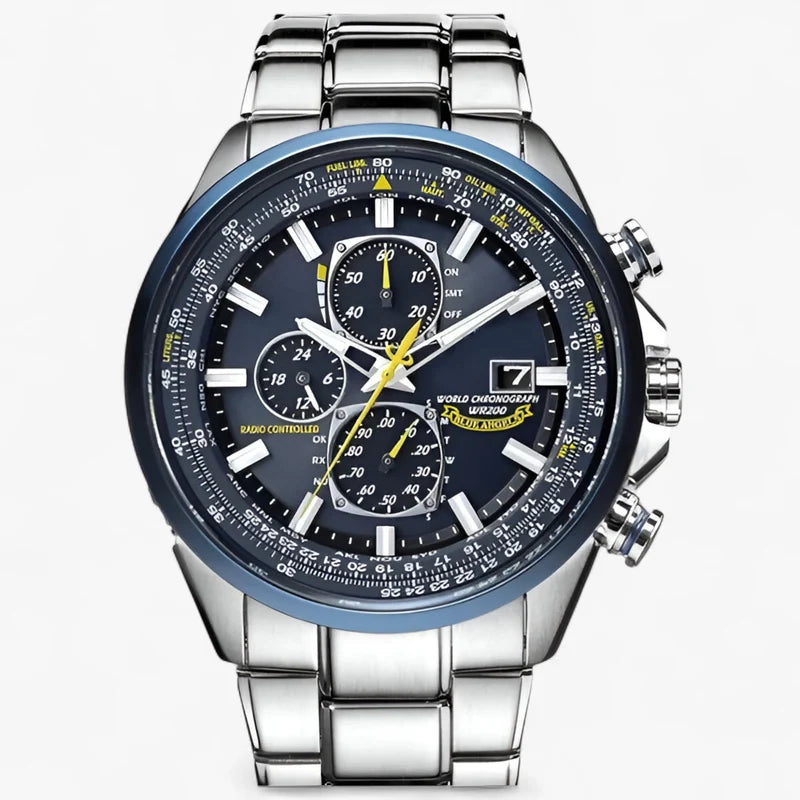 Watches : Heren Chronograaf Horloge MultiSteel 42mm, Zilverkleurig Staal met Elegante Blauwe Wijzerplaat in 3 staalblauwe knoppen van Pantinoshop