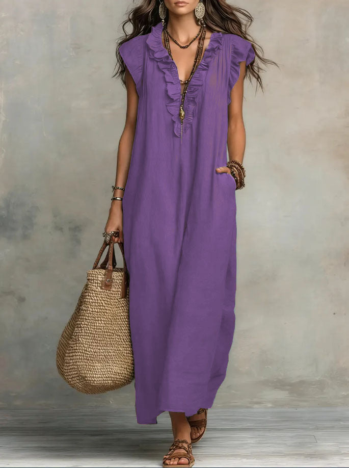 Dames Jurken : Boho Damesjurk - Vloeiend, Comfortabel en Luchtig Linnenmix in Paars van Pantinoshop