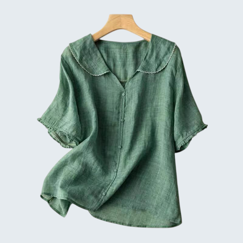 : Linnen Blouse Dames - Luchtig, Relaxte Pasvorm met Geschulpte Kraag in Groen van Pantinoshop